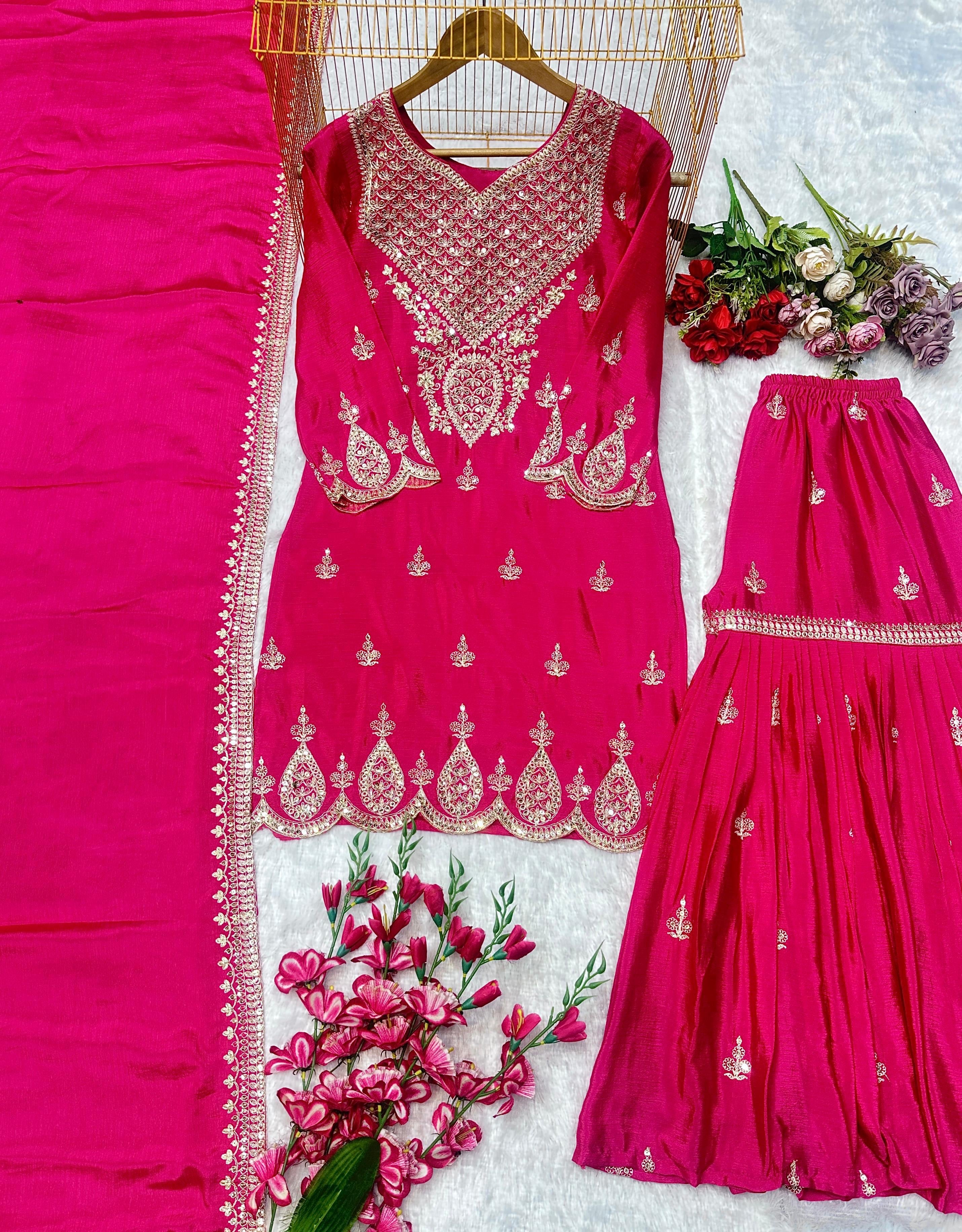 Designer Party Wear Top & Palazzo Set with Embroidered Dupatta (Pre Order)