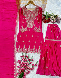 Designer Party Wear Top & Palazzo Set with Embroidered Dupatta (Pre Order)