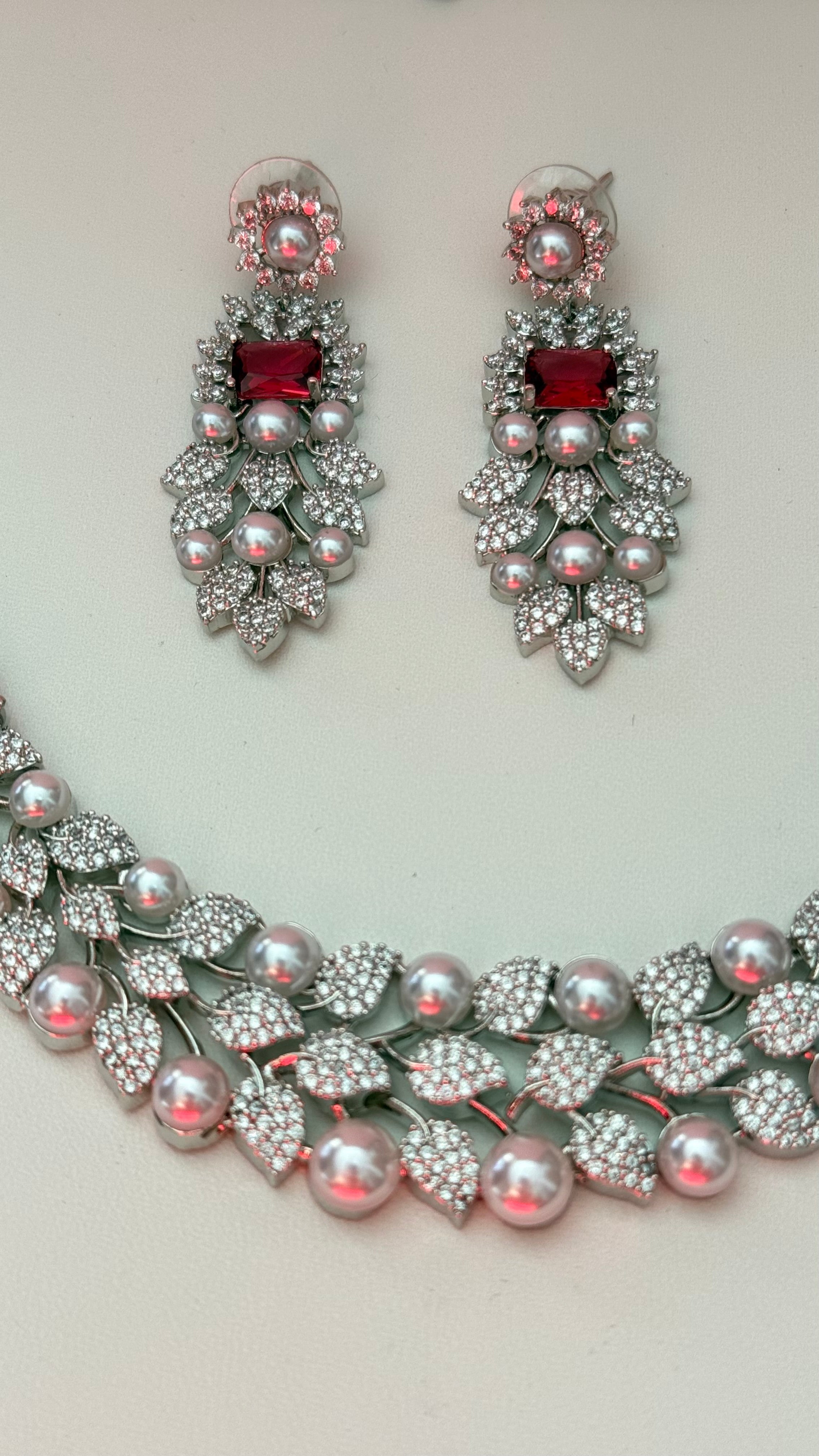 Silver and red / Ruby pearl Cubic zirconia necklace and earrings set