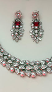 Silver and red / Ruby pearl Cubic zirconia necklace and earrings set