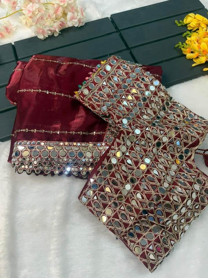 Designer  Mirror Work Saree with Heavy Embroidered Blouse | Party Wear & Wedding Saree