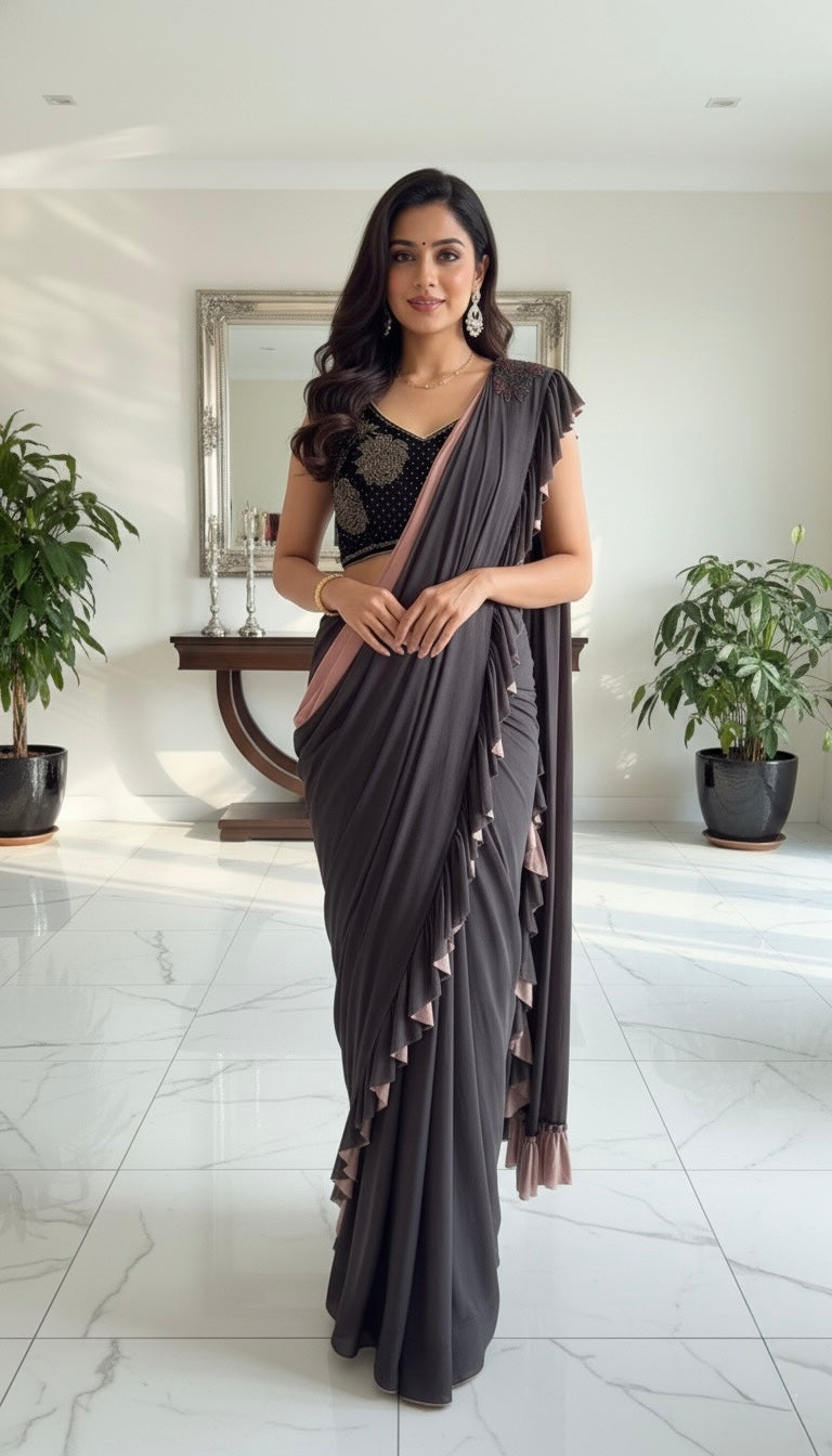 🖤 The Charcoal & Blush Ready-to-Wear Ruffle Saree Set