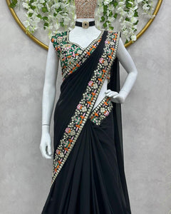 Black Ruffle Saree with Multicolour Embroidery | Faux Georgette with Unstitched Blouse