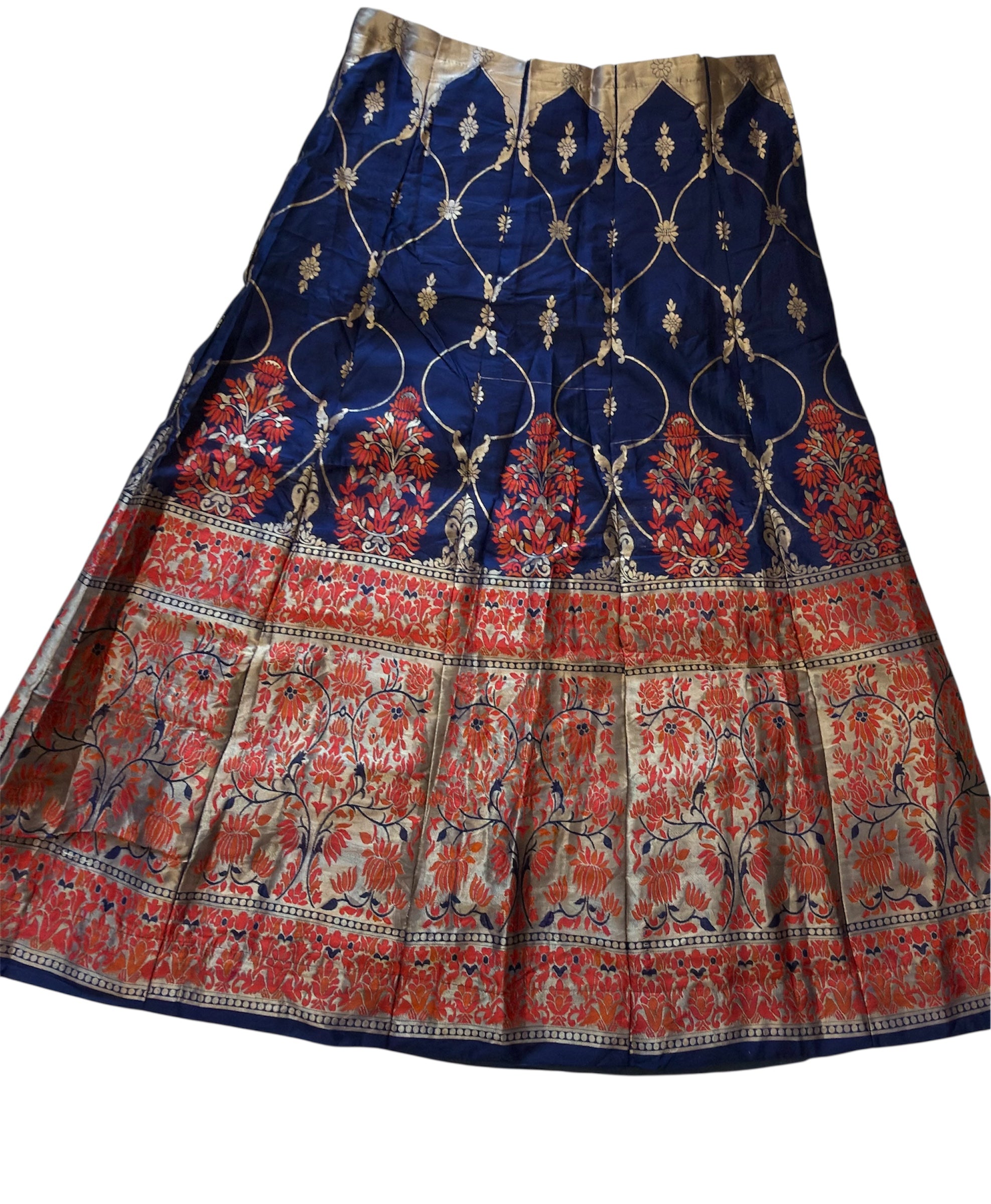 Traditional Banarasi Silk Skirt – Navy Blue with Red & Gold Floral Zari Work
