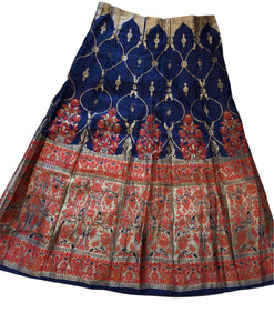 Traditional Banarasi Silk Skirt – Navy Blue with Red & Gold Floral Zari Work