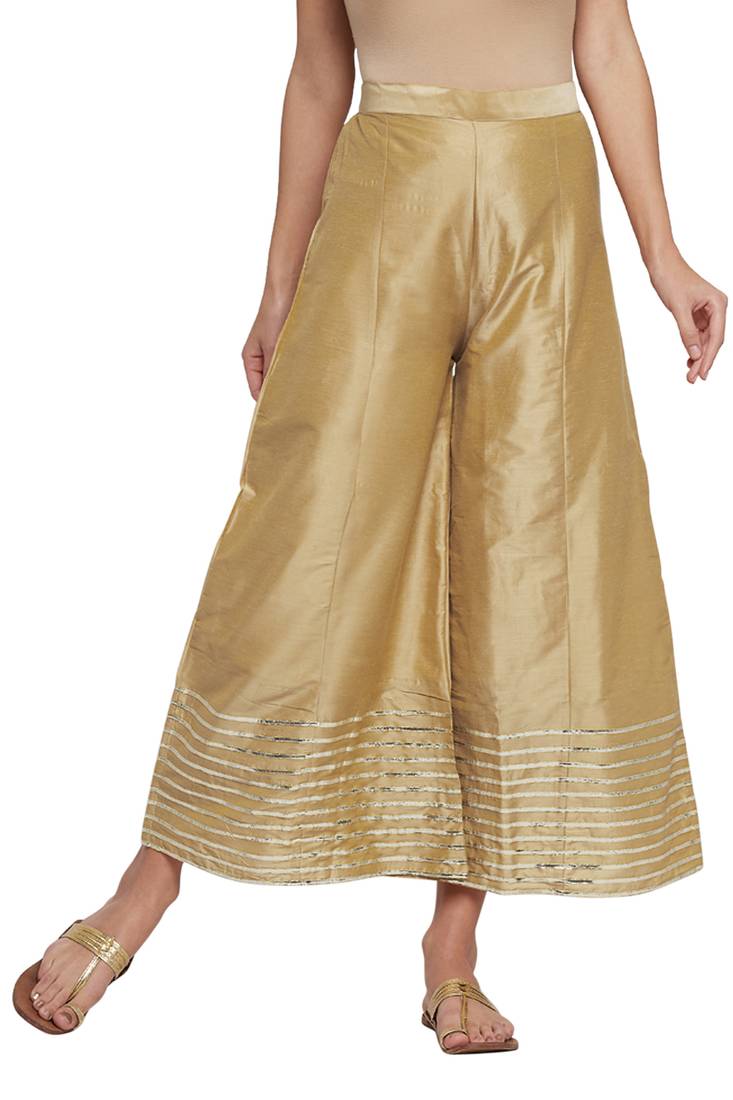 Elegant Golden Silk Palazzo Pants for Women | Festive & Party Wear Bottoms