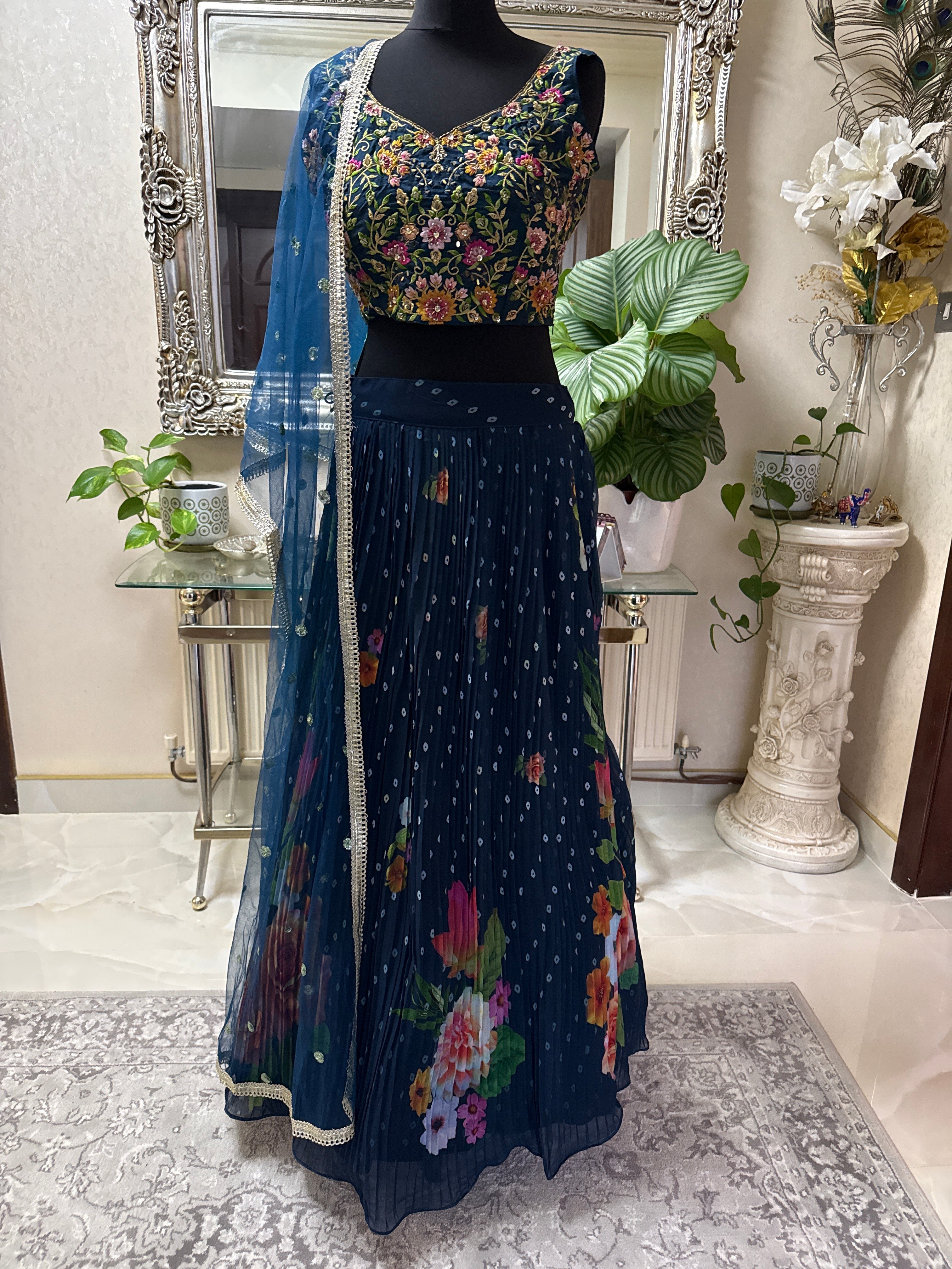 Navy Blue Floral Embroidered Lehenga Choli with Dupatta – Designer Party & Wedding Wear