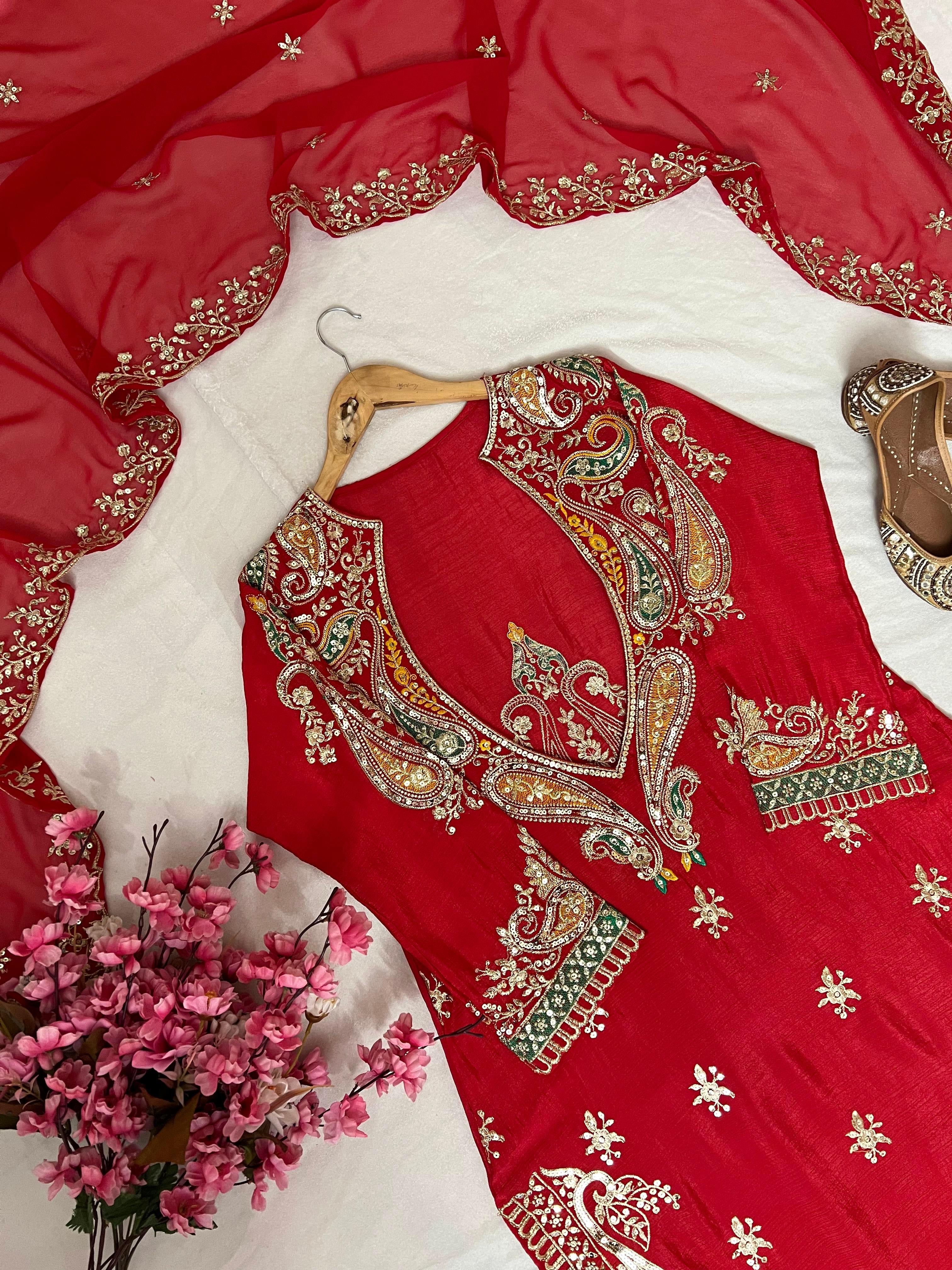 Red embroidered Partywear suit fully stitched