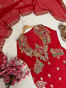Red embroidered Partywear suit fully stitched