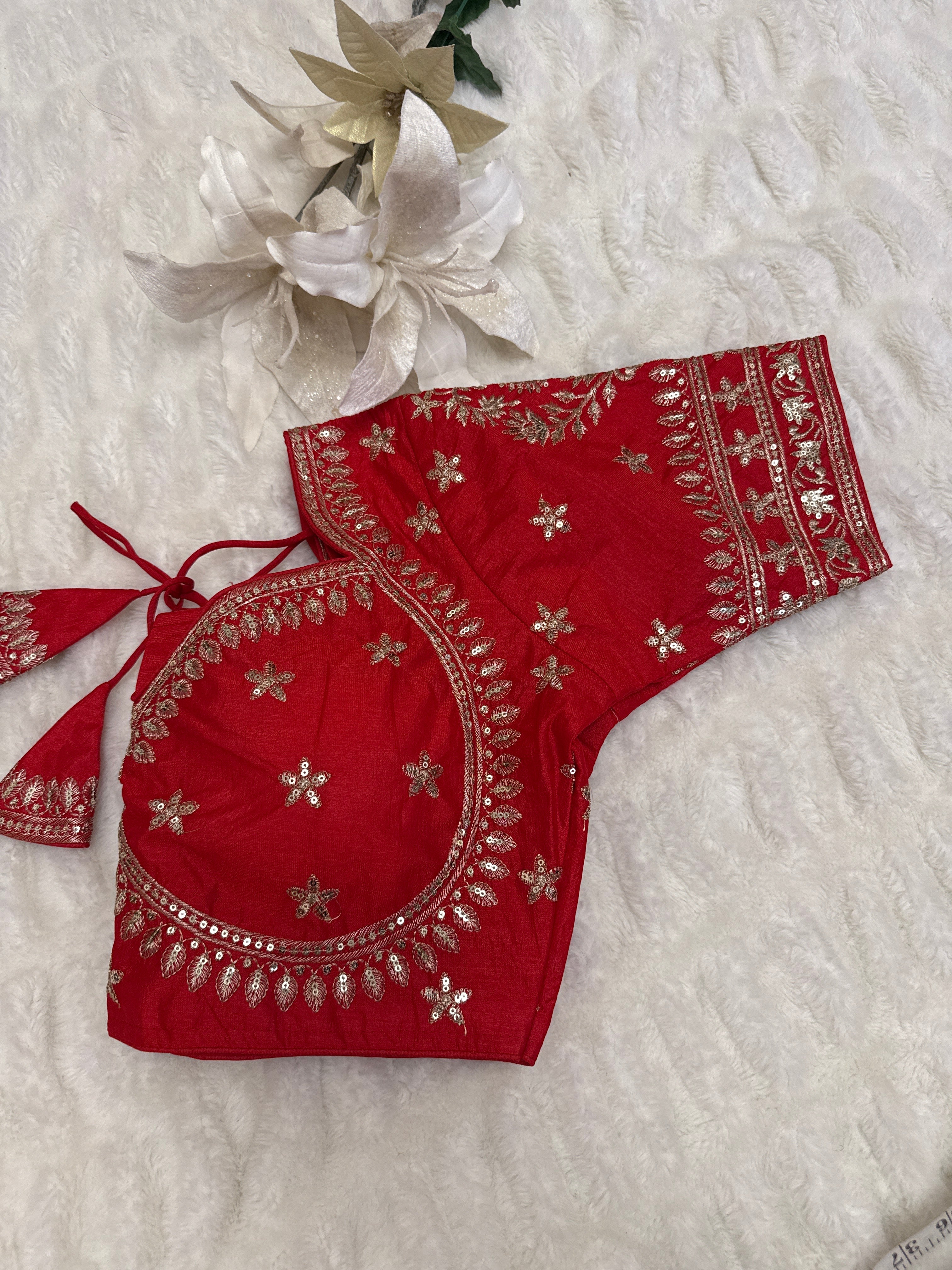 Red Silk Blouse with Gold Zari and sequins Embroidery – Ready to Wear