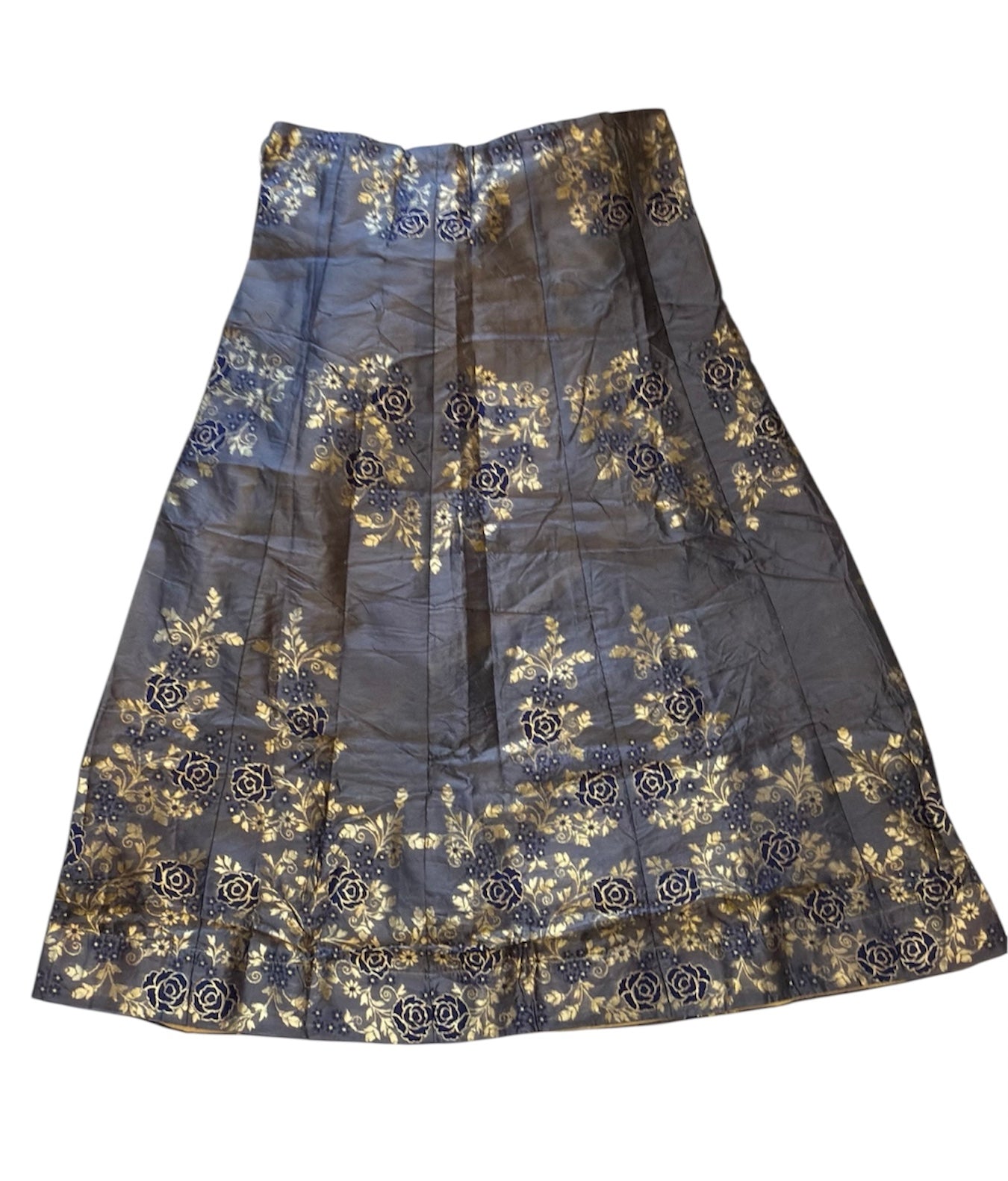 Elegant Banarasi Silk Skirt – Charcoal Gray with Golden Floral Zari Work