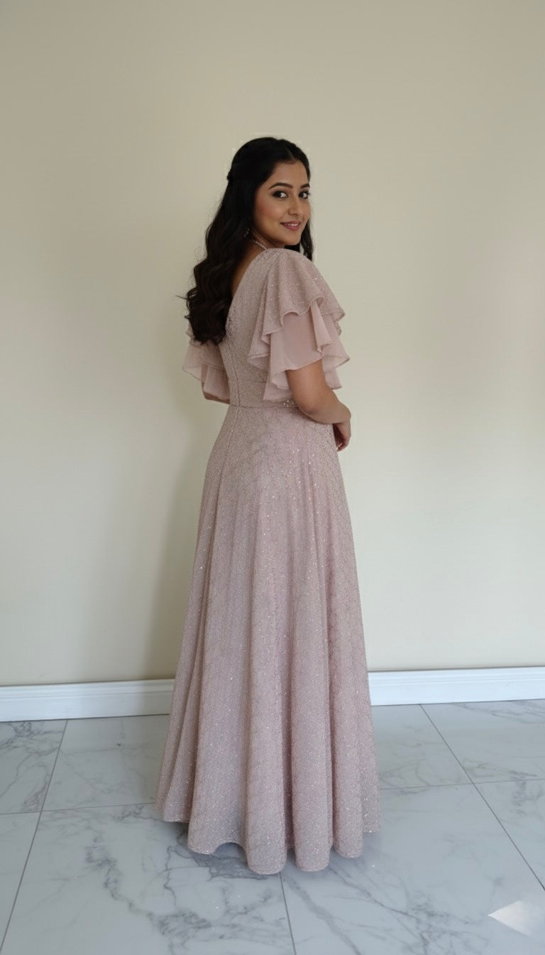 Elegant Dusty Pink Sequin Gown | Partywear Long Dress with Ruffle Sleeves & Embellished Waist