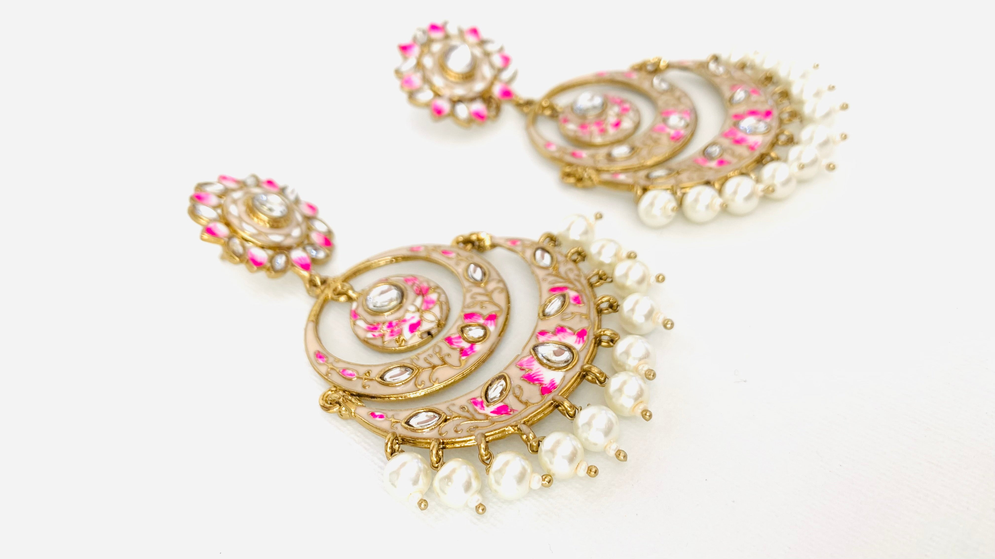 Handpainted Meenakari Kundan Pearl Chandbali Earrings | Traditional Indian Jewelry