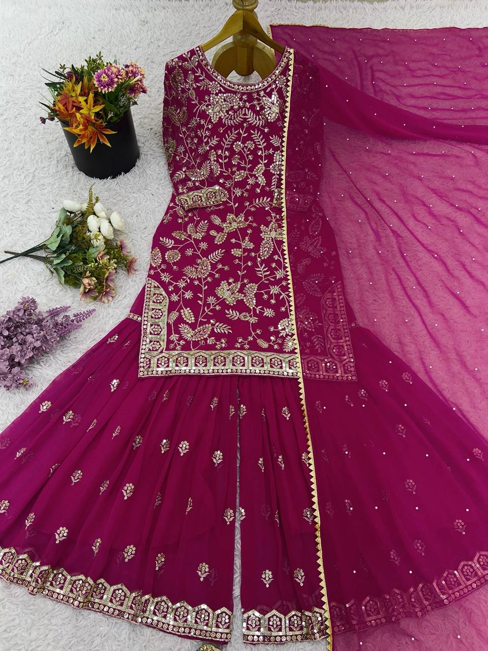 Designer Party Wear Embroidered Top-Plazzo with Dupatta – Ready to Wear