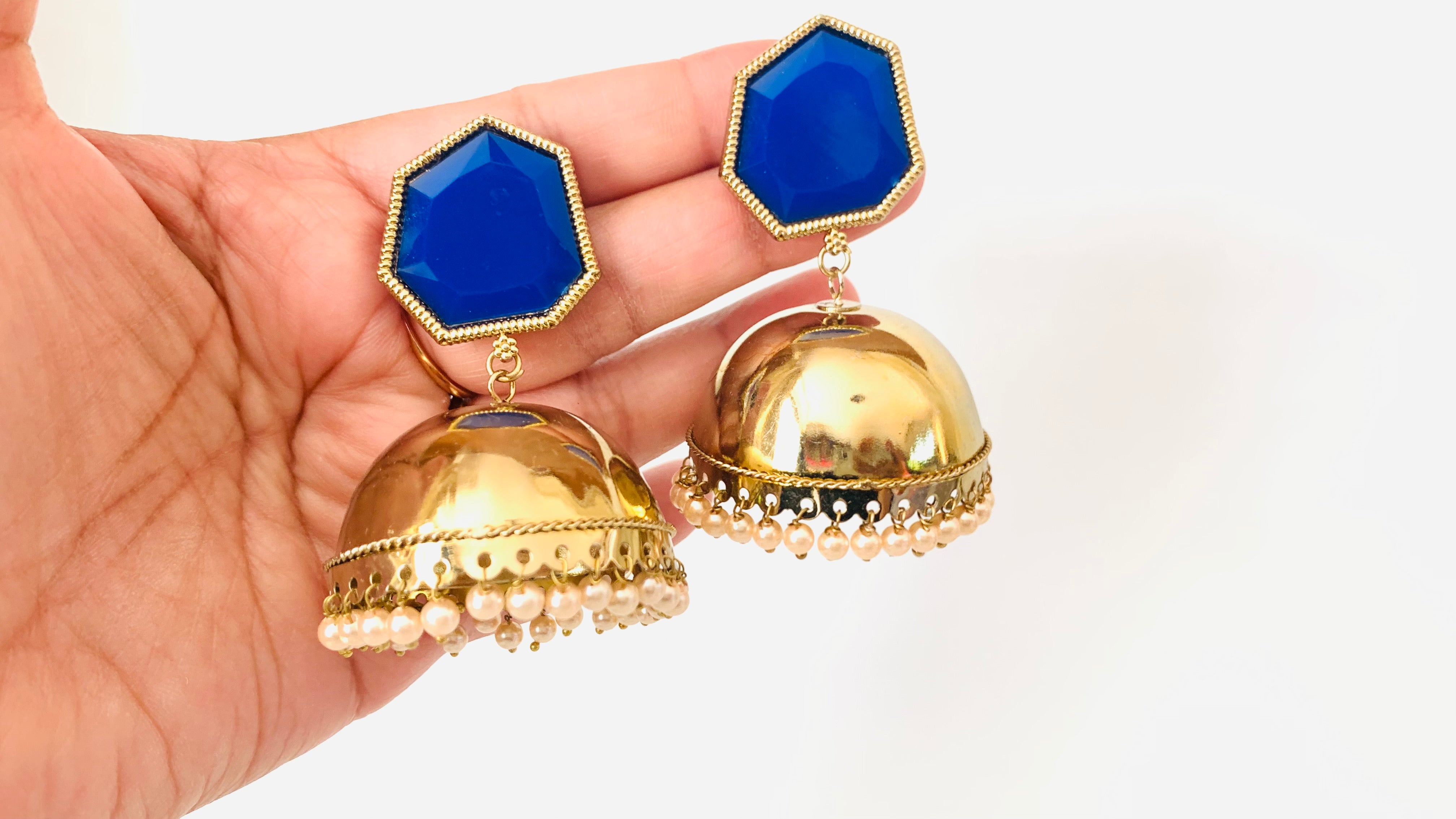 Gold Metal Dome Blue Jhumka Earrings with Pearls | Traditional Ethnic Jewelry