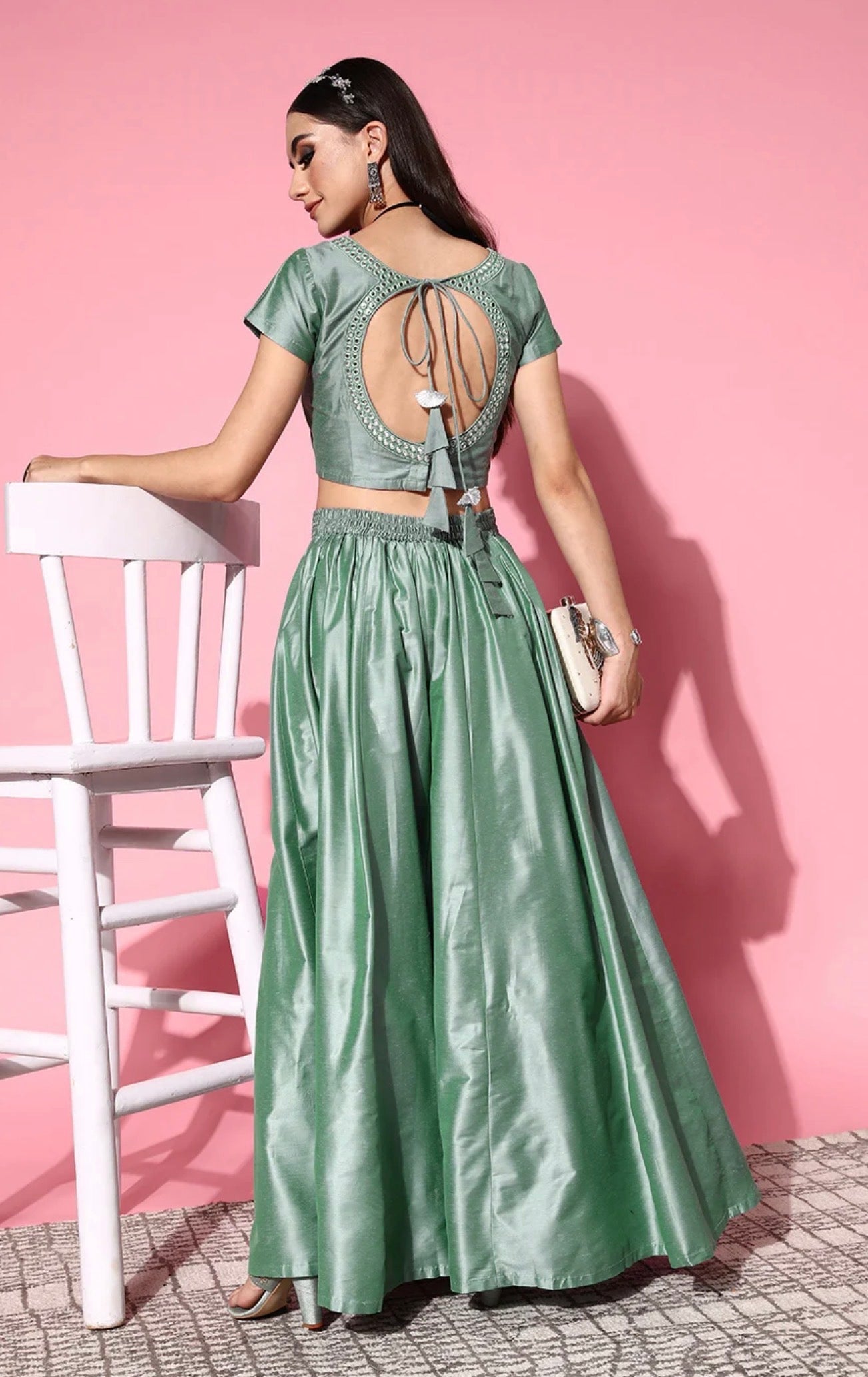 Stylish Mint Green Silk Lehenga Set with Plain Crop Blouse – Elegant Party & Festive Wear