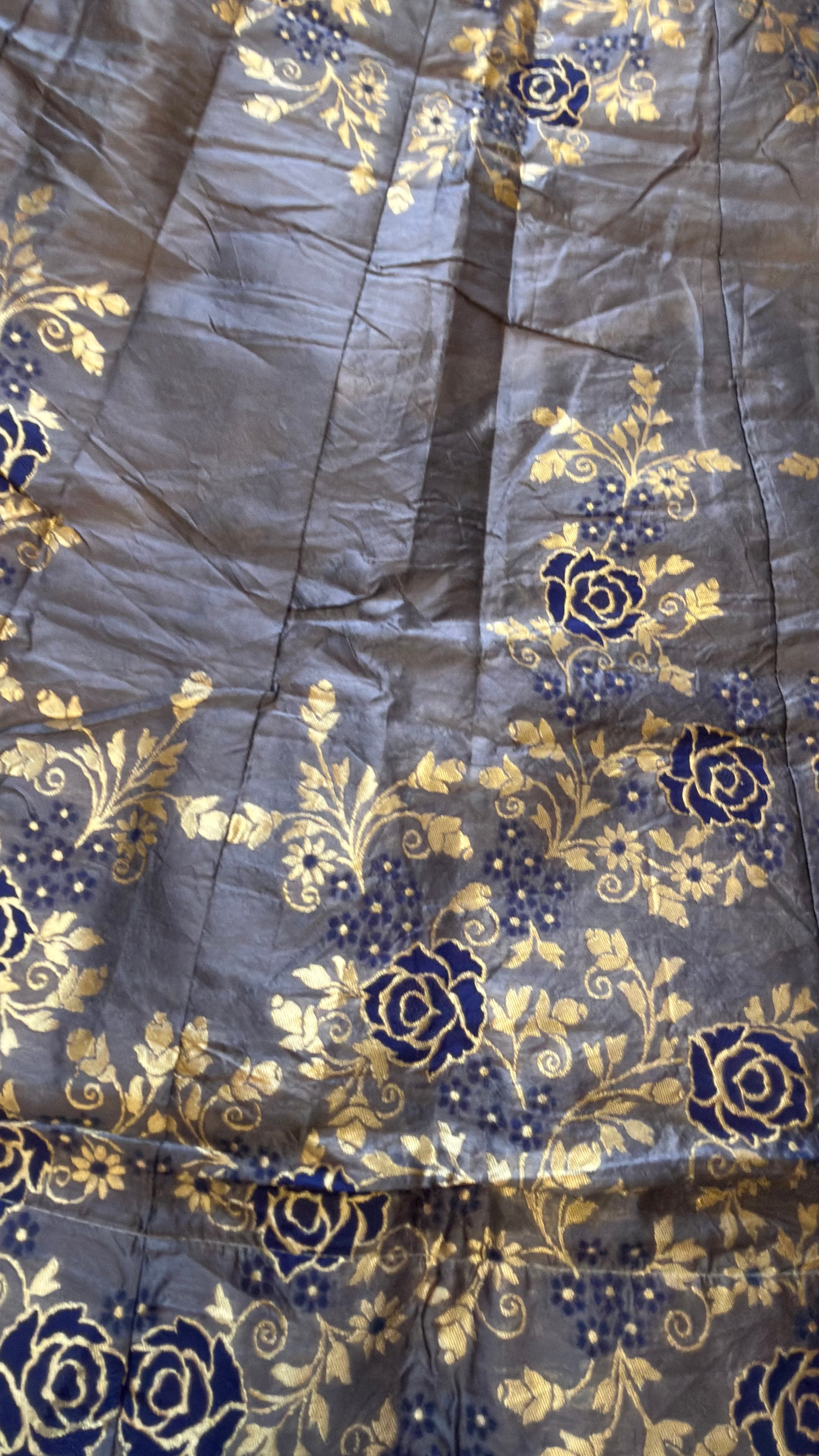 Elegant Banarasi Silk Skirt – Charcoal Gray with Golden Floral Zari Work