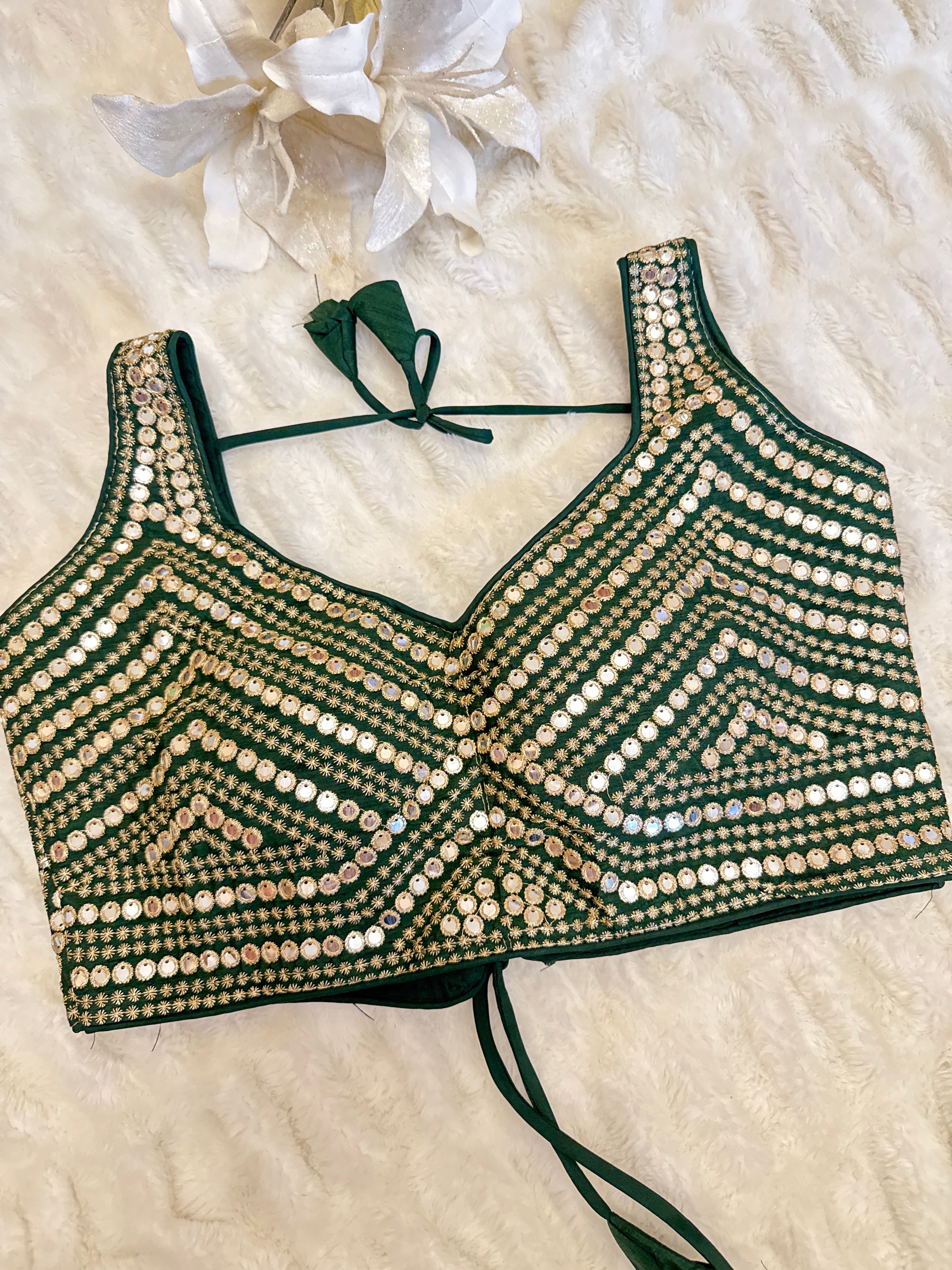 Emerald Green faux Mirror & Thread Embroidered Readymade Saree Blouse