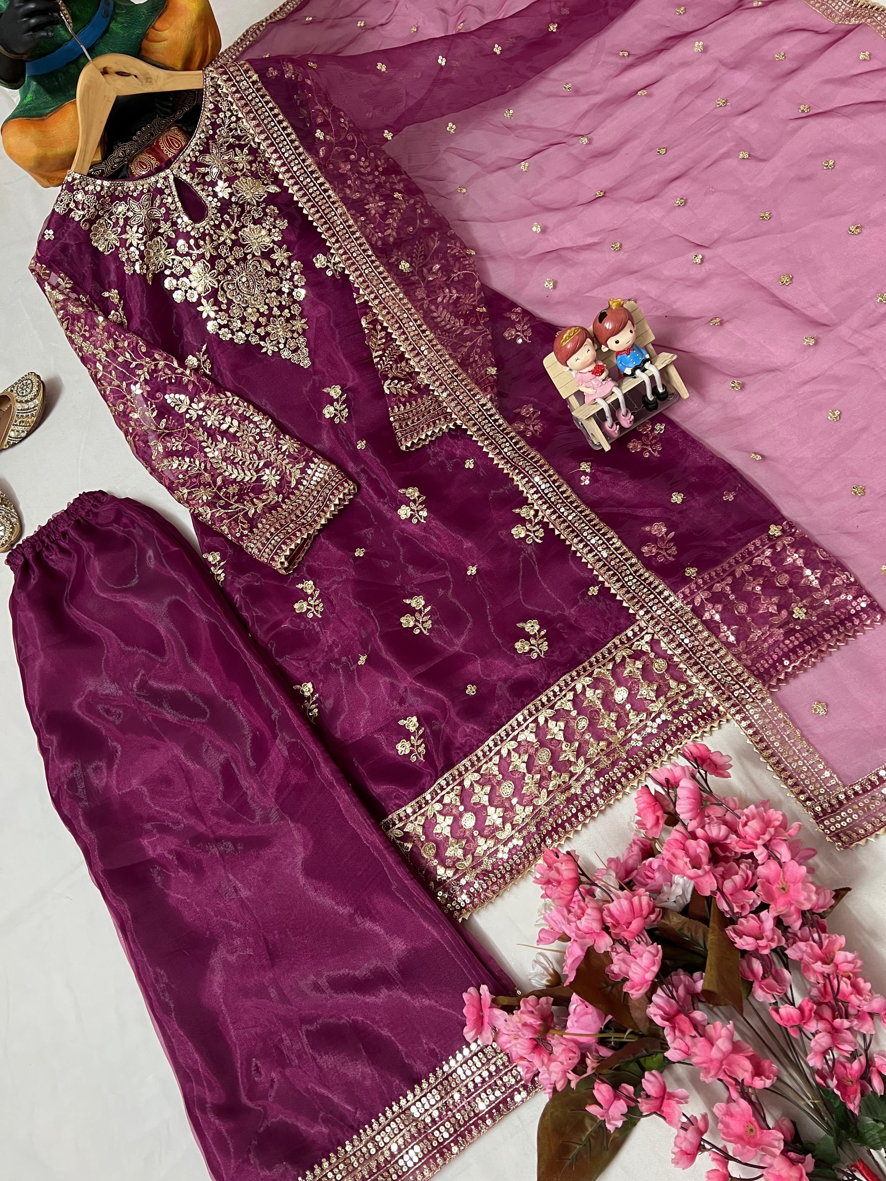 Organza Silk Kurti-Plazzo Set with Zari & Sequins Work - LC 1371