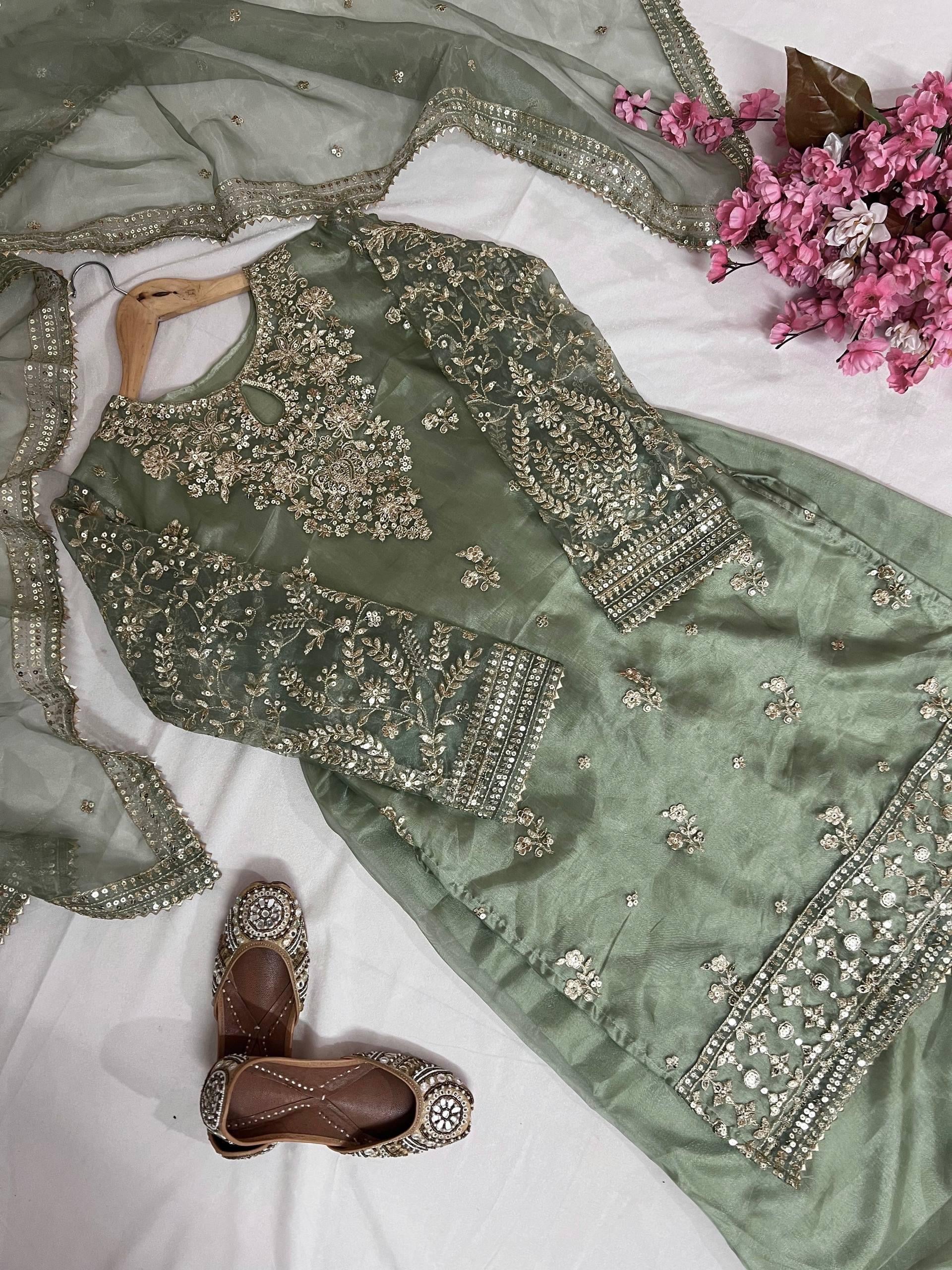 Organza Silk Kurti-Plazzo Set with Zari & Sequins Work - LC 1371