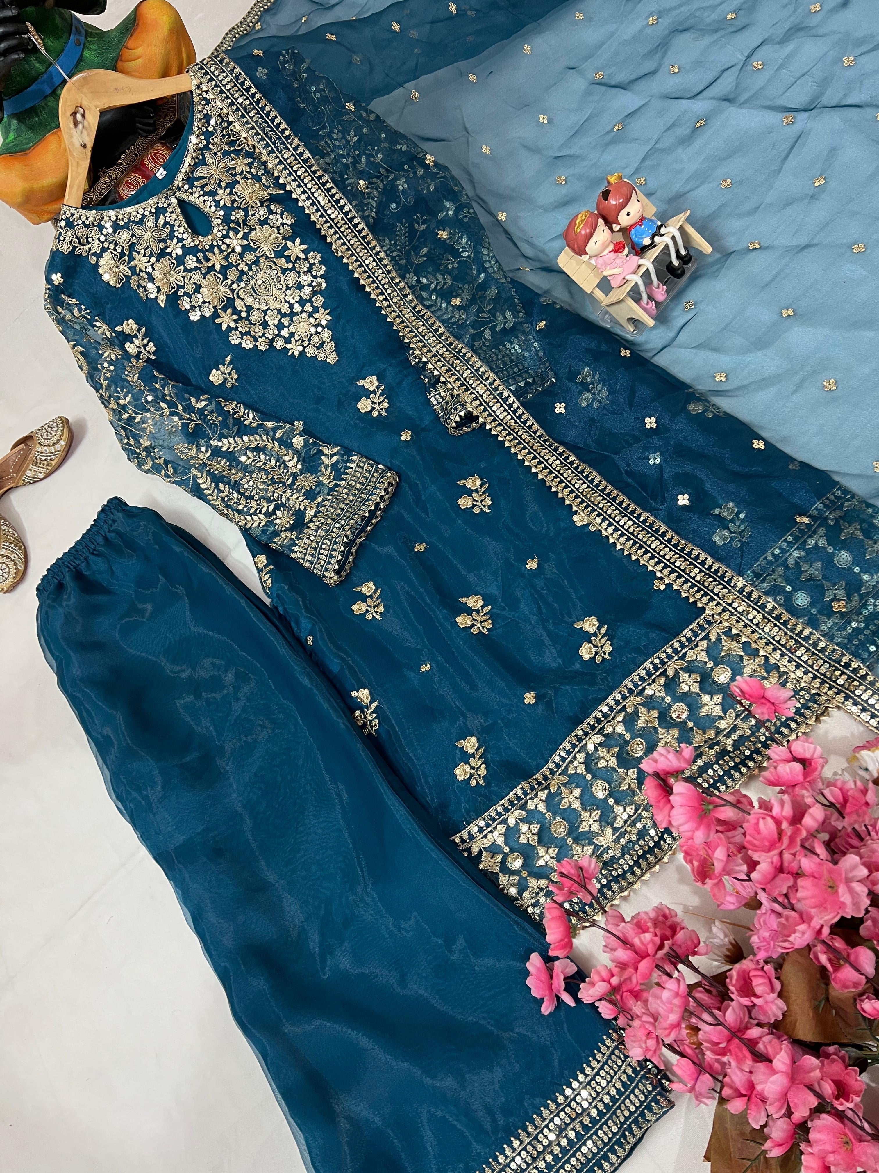 Organza Silk Kurti-Plazzo Set with Zari & Sequins Work - LC 1371