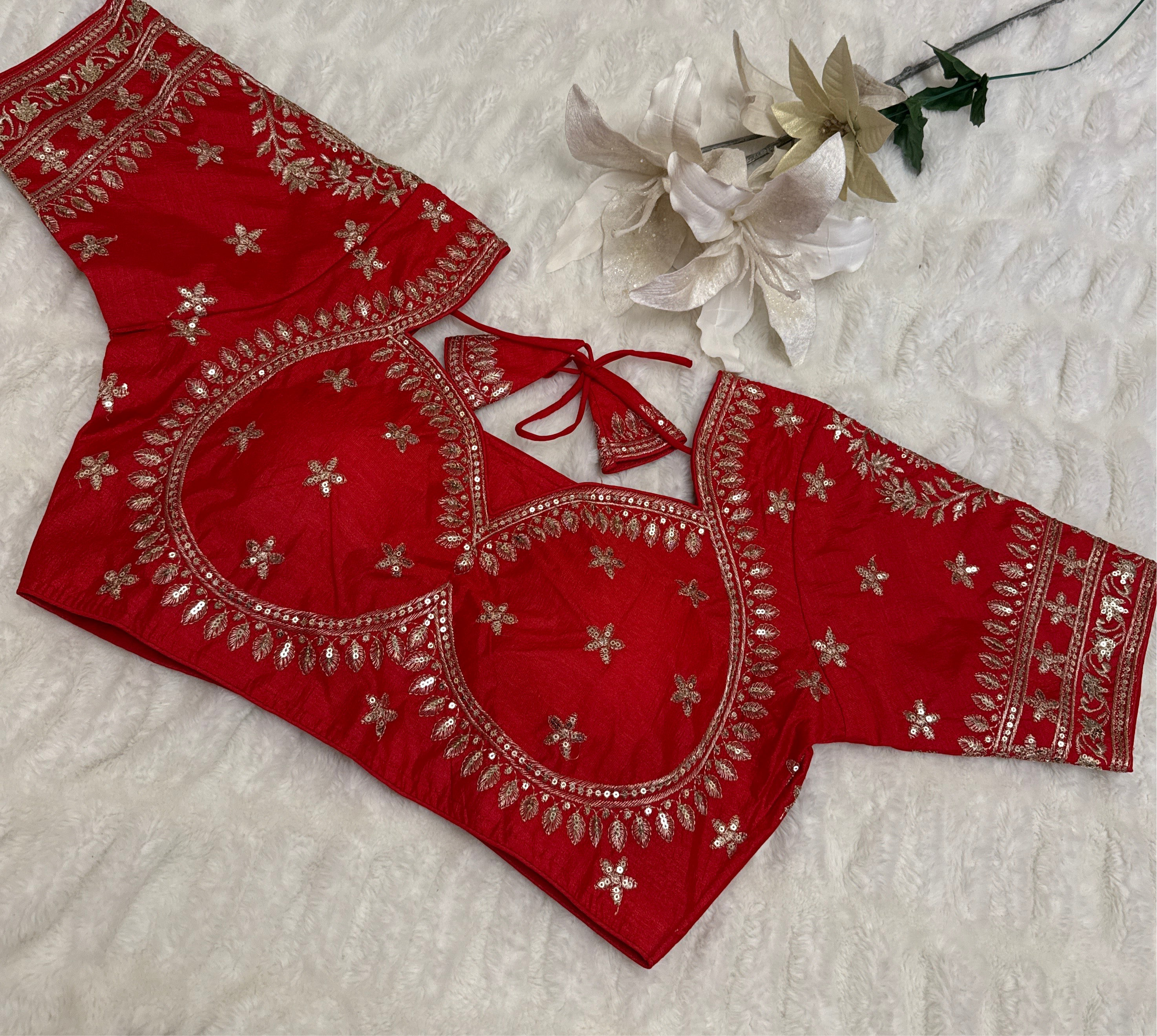 Red Silk Blouse with Gold Zari and sequins Embroidery – Ready to Wear