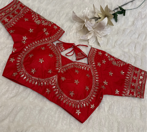 Red Silk Blouse with Gold Zari and sequins Embroidery – Ready to Wear