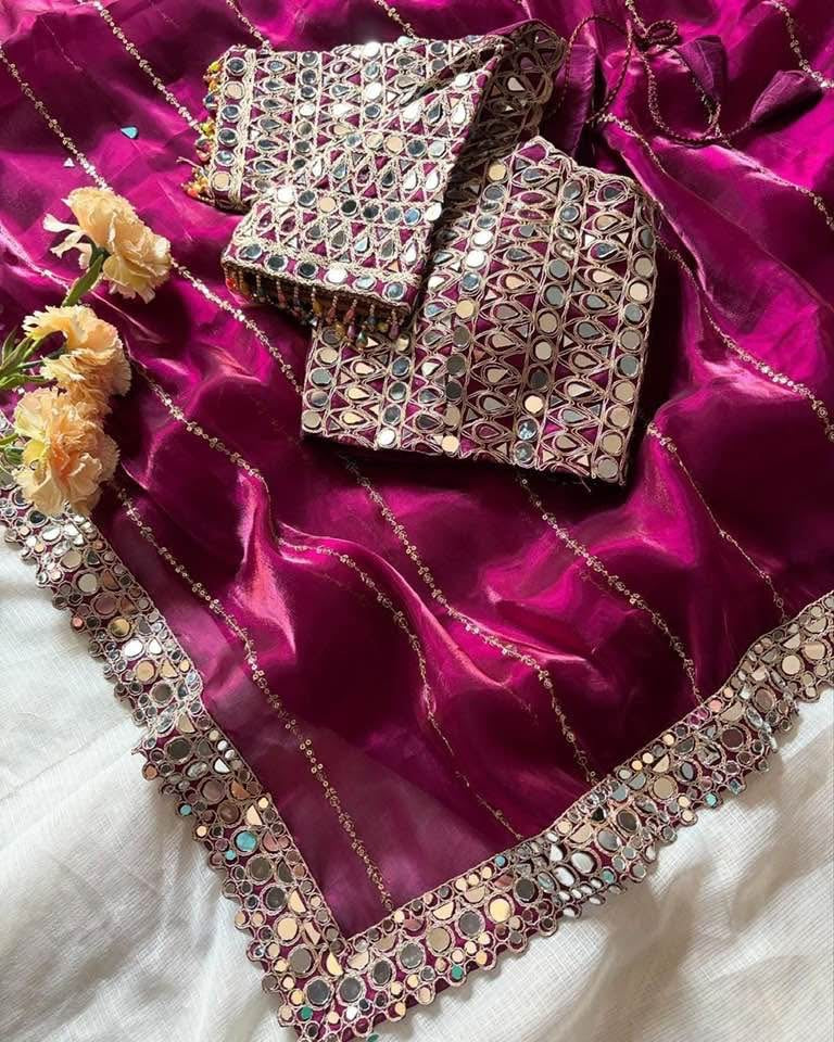 Designer  Mirror Work Saree with Heavy Embroidered Blouse | Party Wear & Wedding Saree