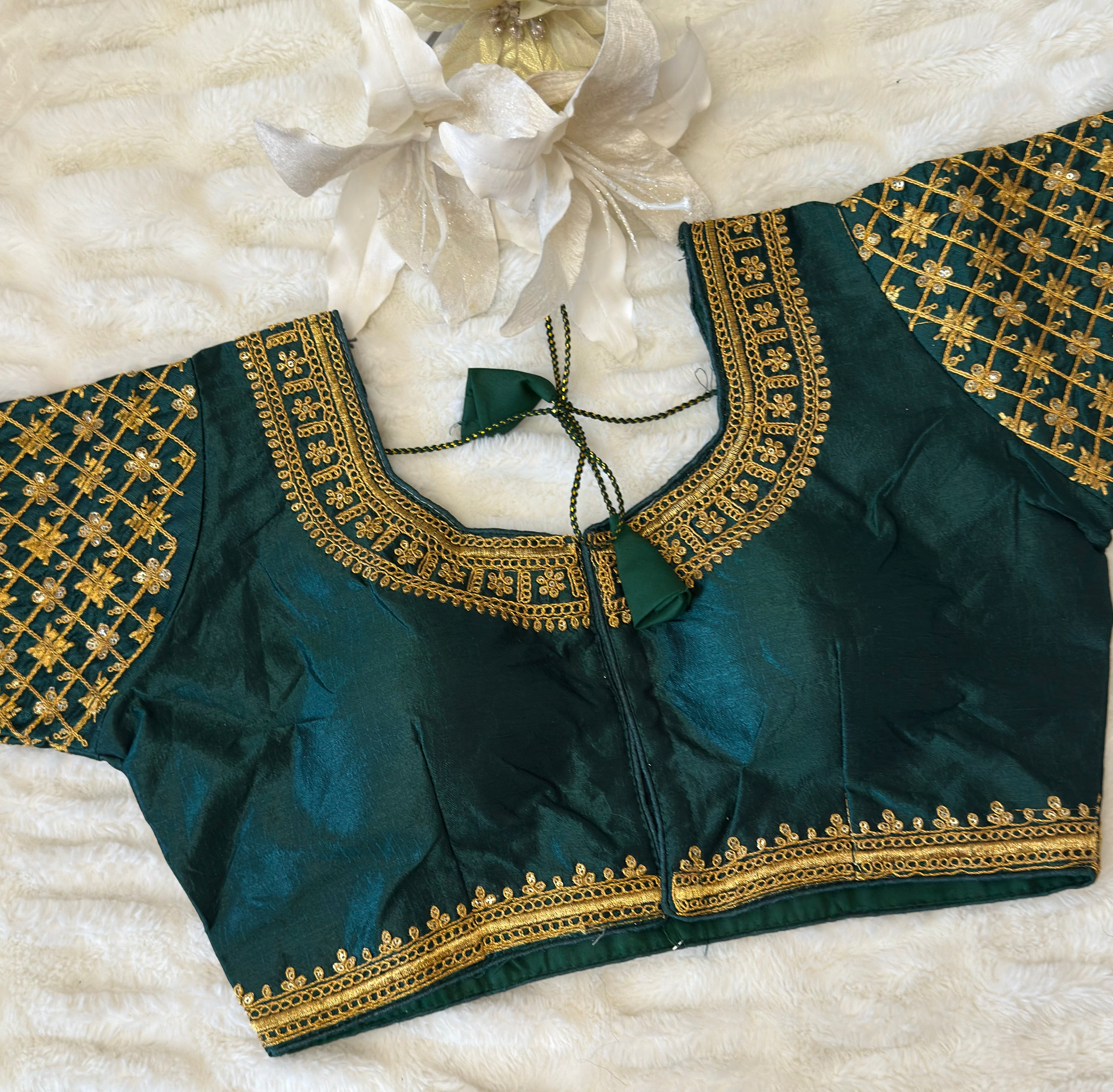 Green Silk Blouse with Sleeves & Gold Zari Embroidery | Designer Saree Blouse