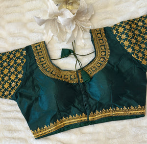 Green Silk Blouse with Sleeves & Gold Zari Embroidery | Designer Saree Blouse