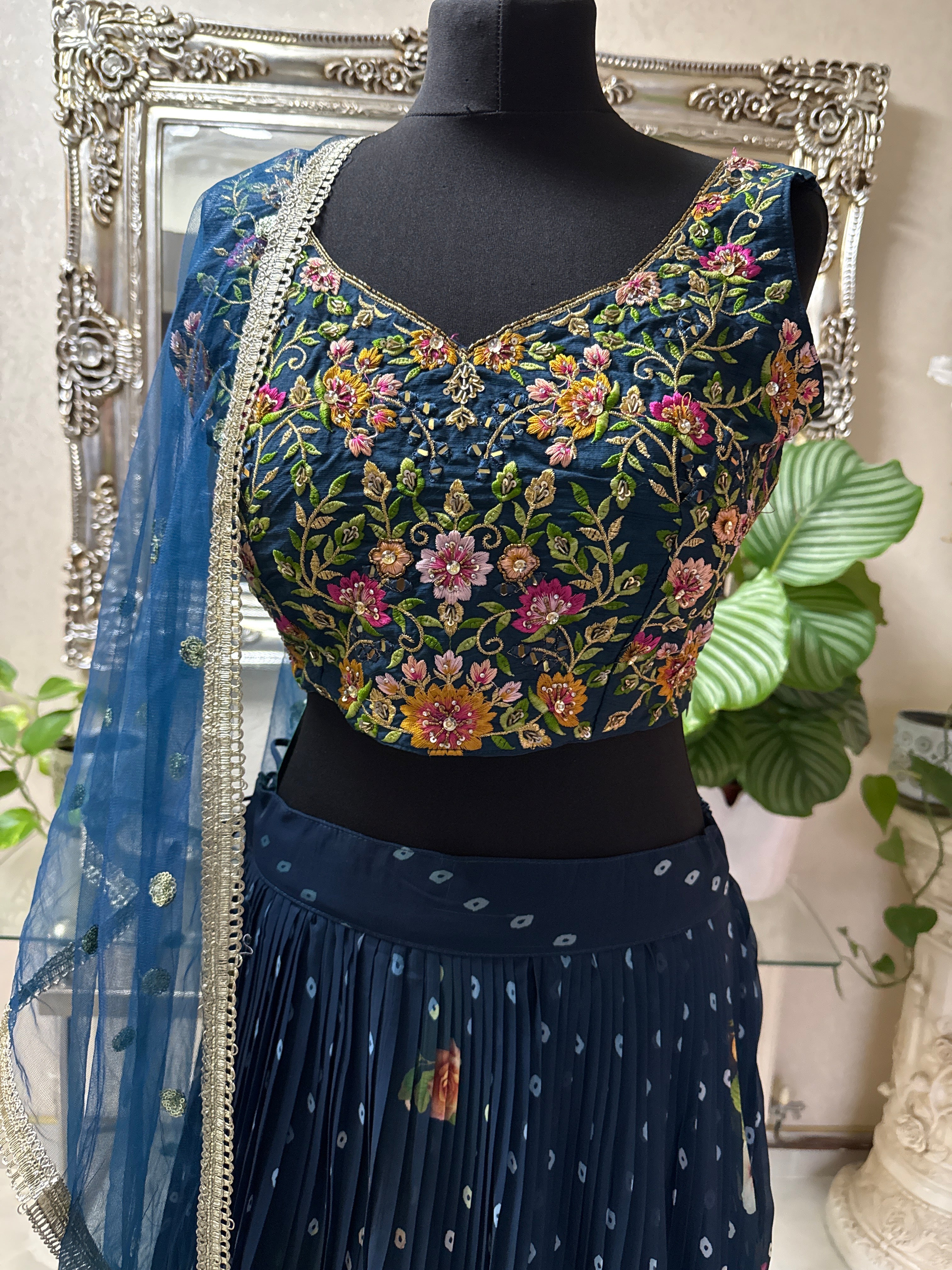 Navy Blue Floral Embroidered Lehenga Choli with Dupatta – Designer Party & Wedding Wear