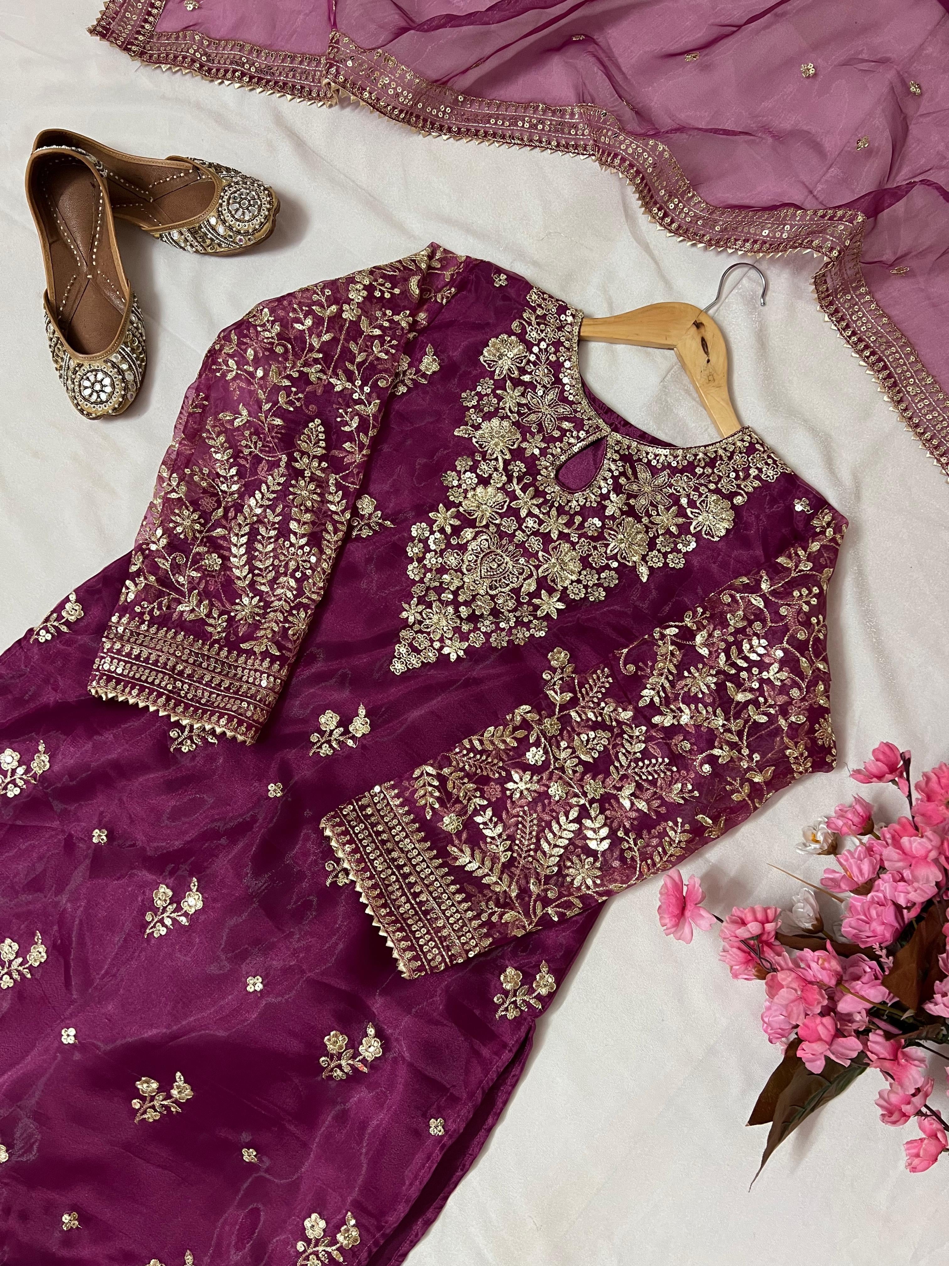 Organza Silk Kurti-Plazzo Set with Zari & Sequins Work - LC 1371