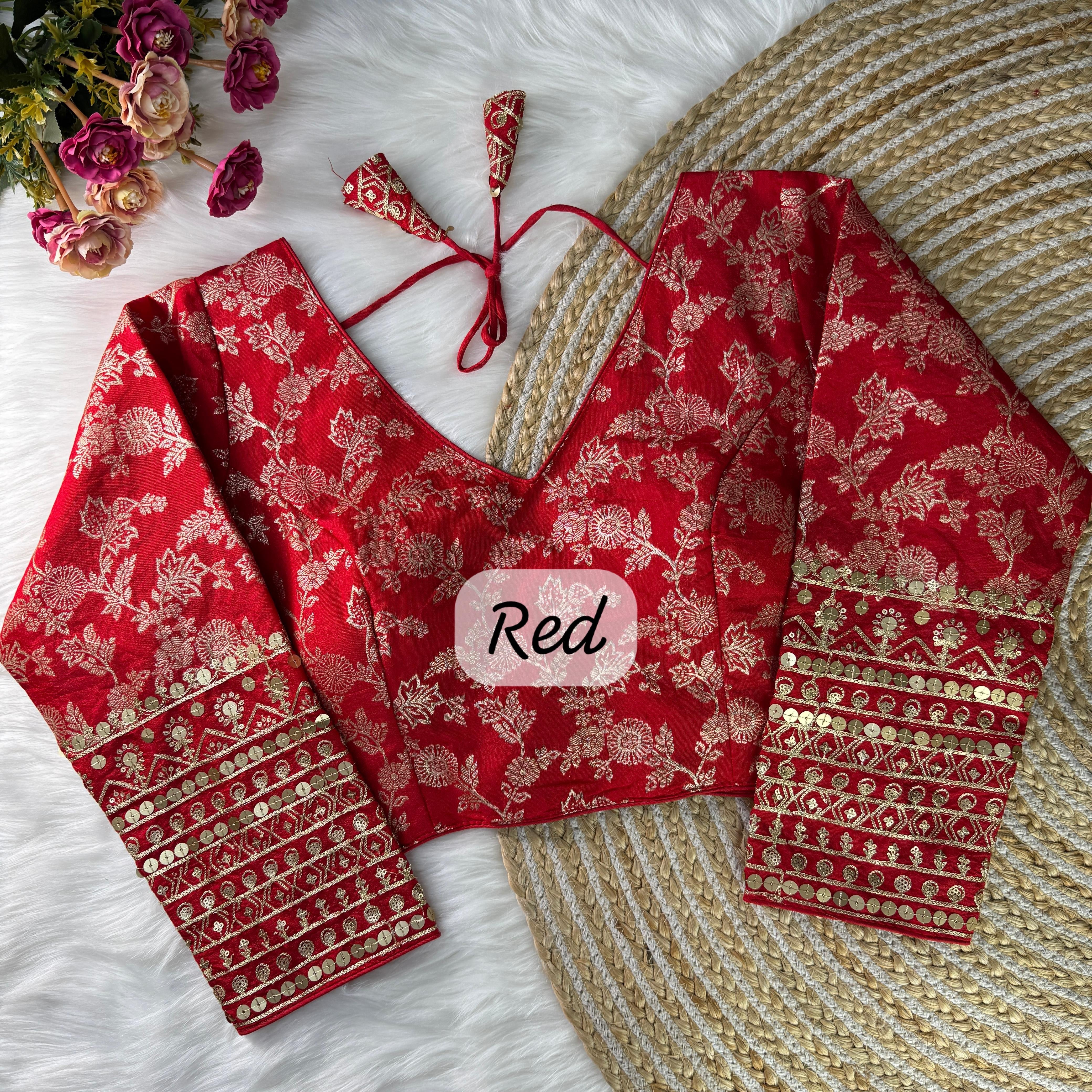 Red Banarasi Silk Blouse with sequins & Zari Work