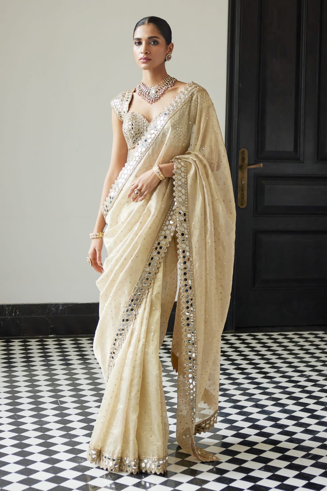 Bollywood Blockbuster Organza Saree with Original Mirror Work & Heavy Embroidered Silk Blouse