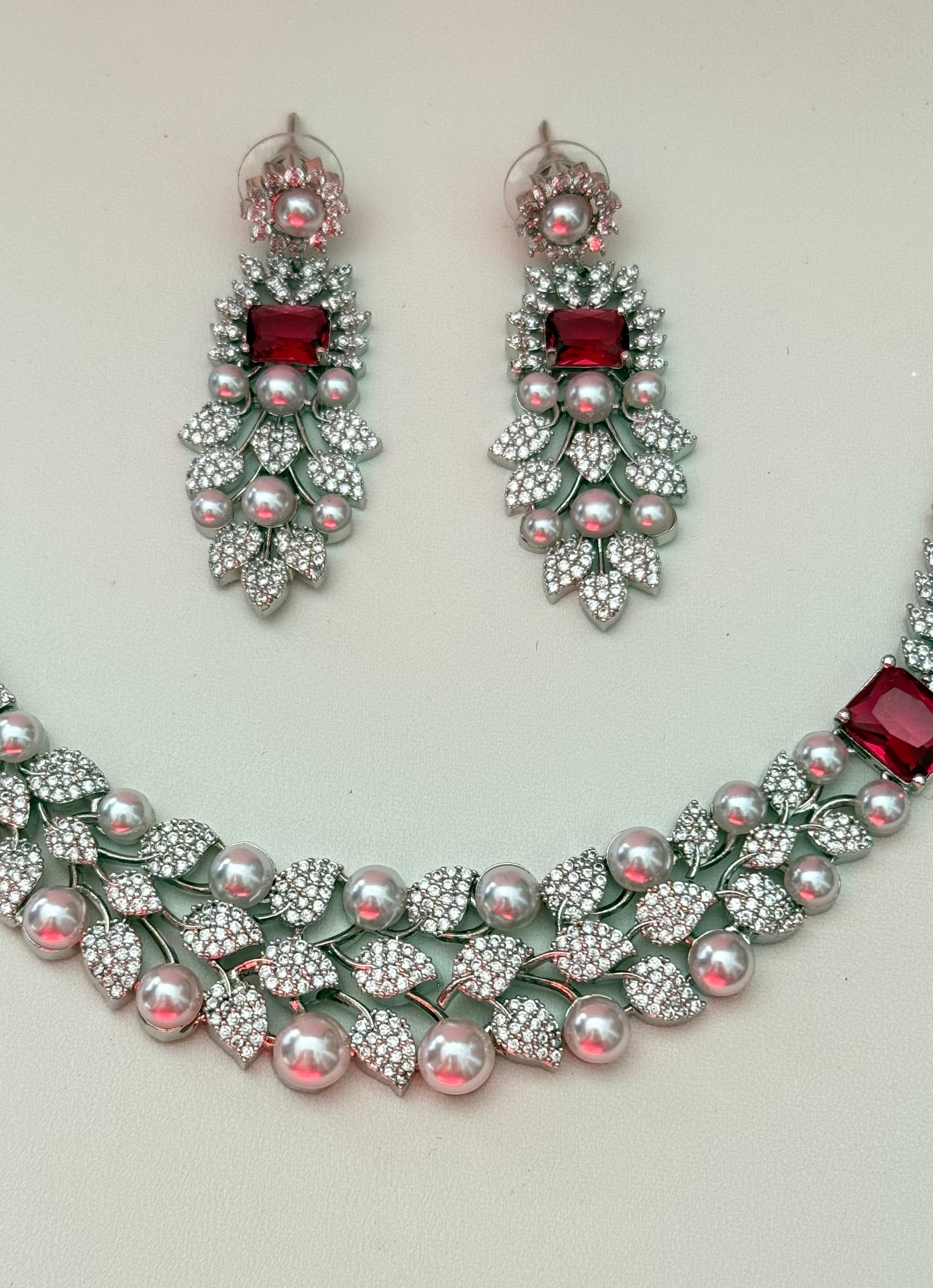 Silver and red / Ruby pearl Cubic zirconia necklace and earrings set