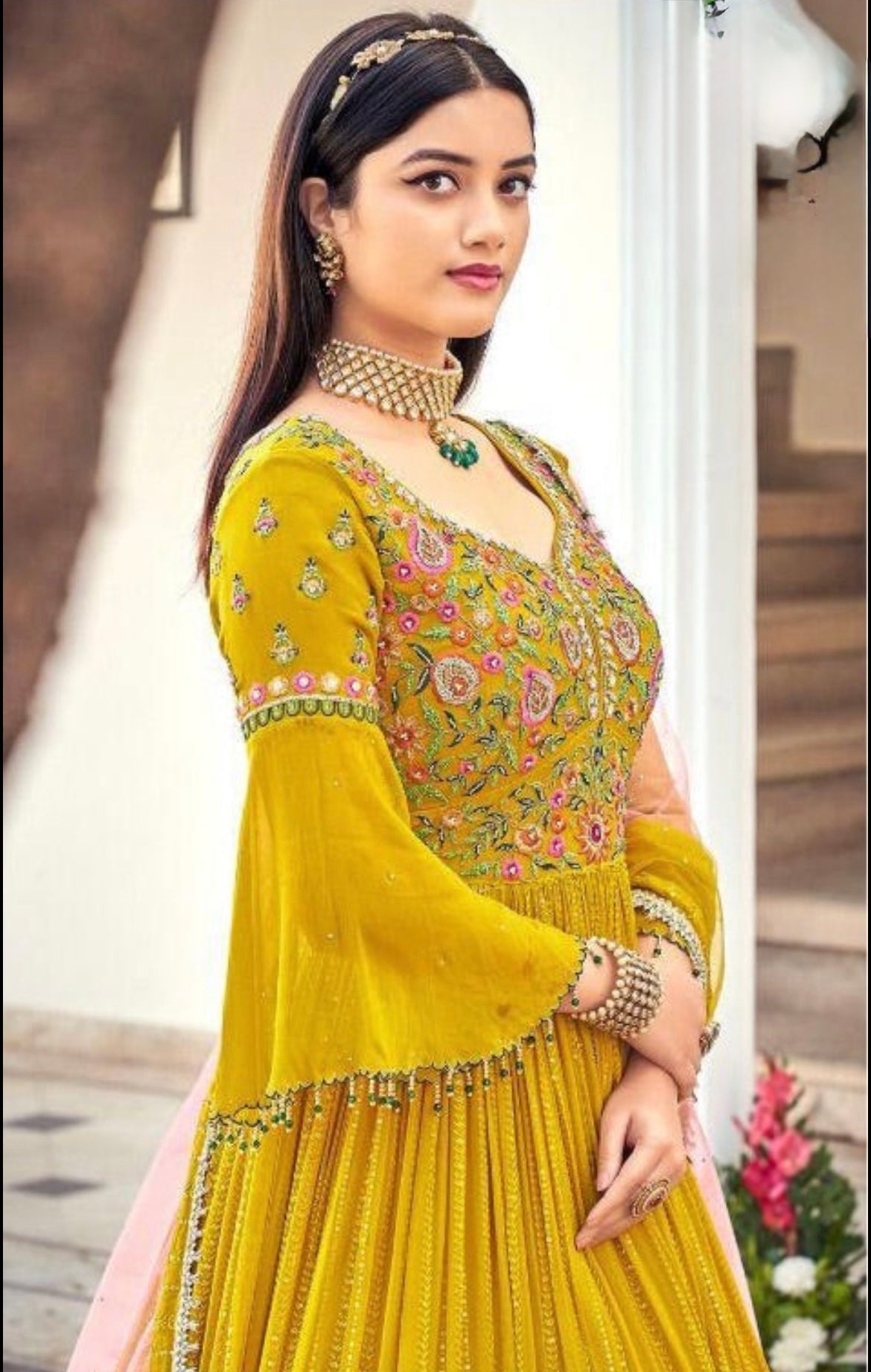 Partywear Gown with Embroidery & Mirror Work | Elegant Festive Wear