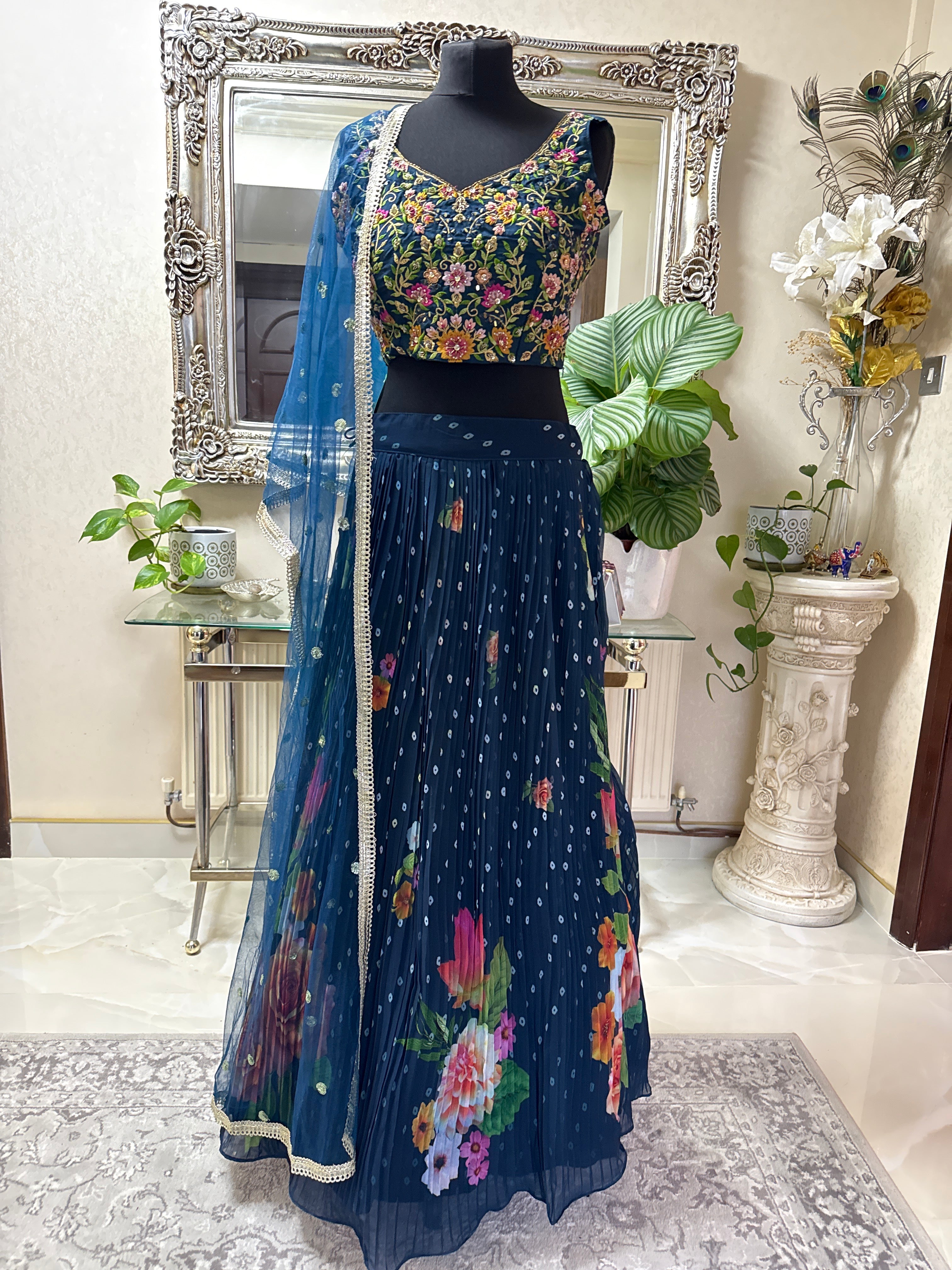 Navy Blue Floral Embroidered Lehenga Choli with Dupatta – Designer Party & Wedding Wear