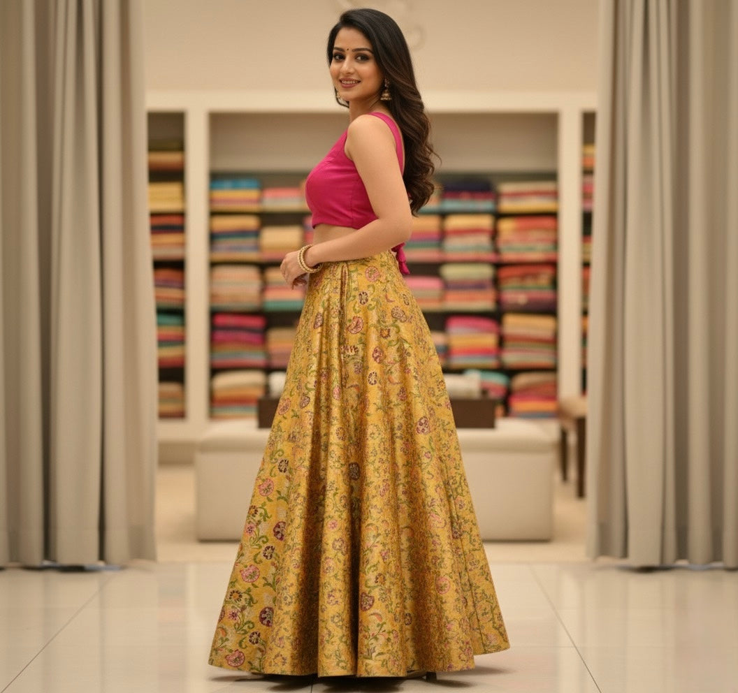 Yellow Banarasi Silk Skirt with Floral Brocade Weaving – Traditional Ethnic Wear