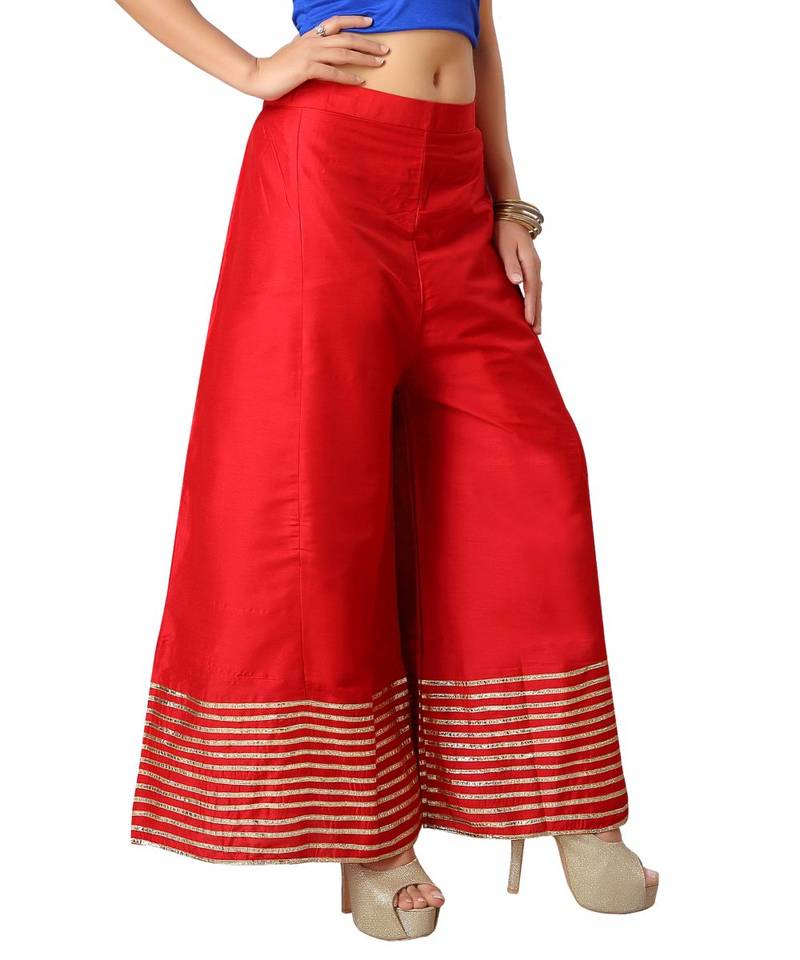 Elegant Red Silk Palazzo Pants for Women | Festive & Party Wear Bottoms