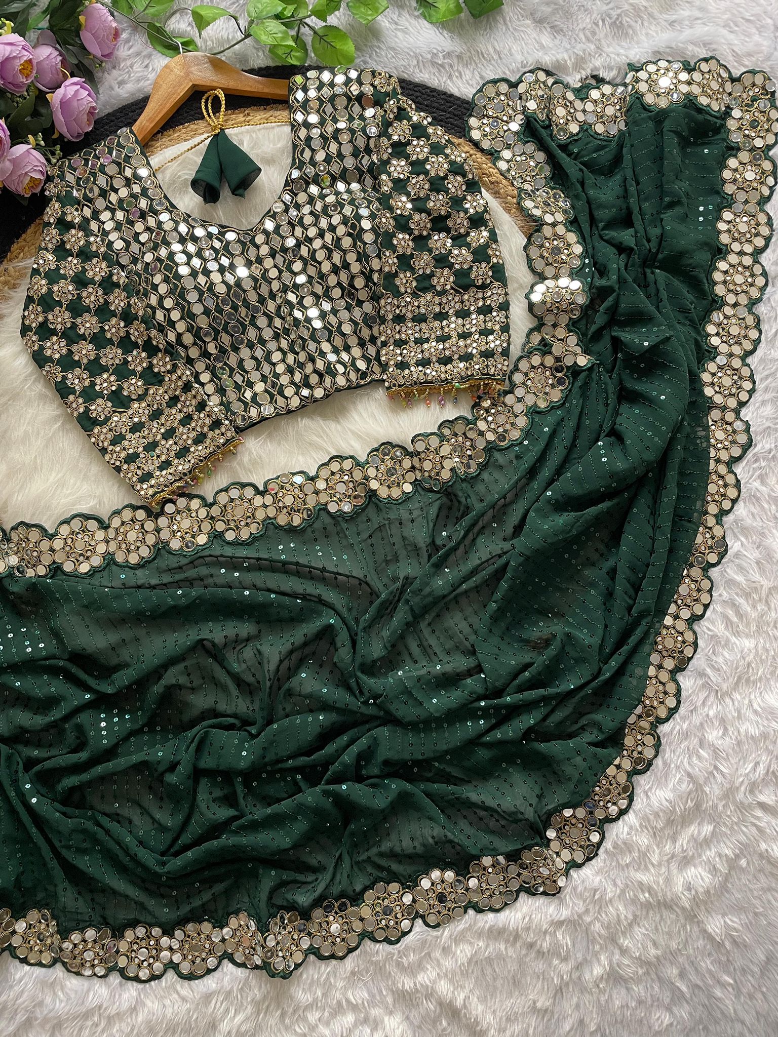 Bollywood Blockbuster Original Mirror Work Saree | Faux Georgette with Heavy Sequins & Embroidered Blouse