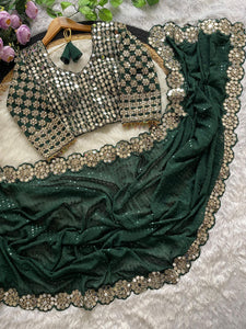 Bollywood Blockbuster Original Mirror Work Saree | Faux Georgette with Heavy Sequins & Embroidered Blouse