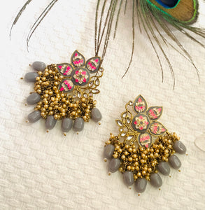Grey and gold with pink Handpainted earrings