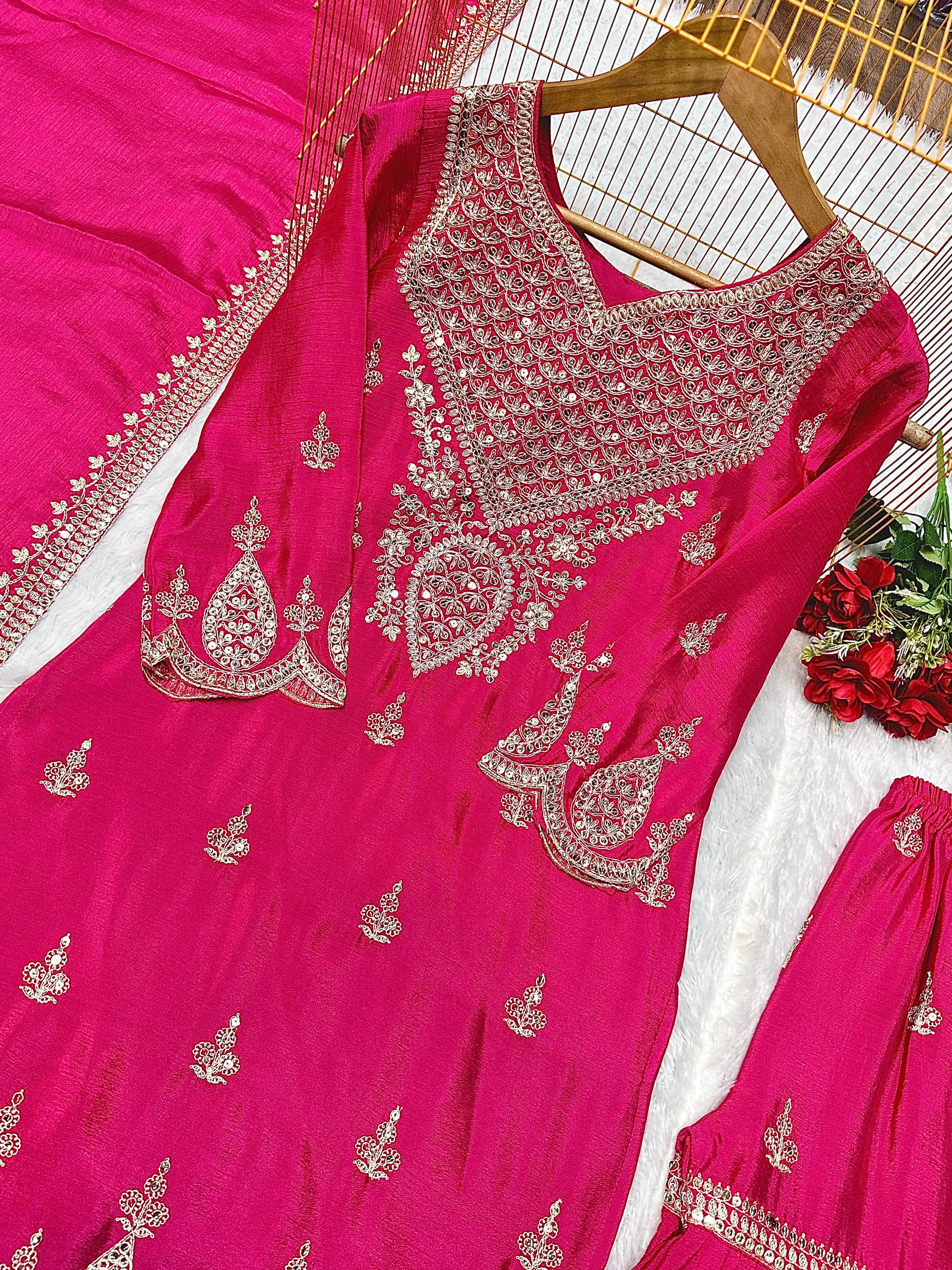 Designer Party Wear Top & Palazzo Set with Embroidered Dupatta (Pre Order)
