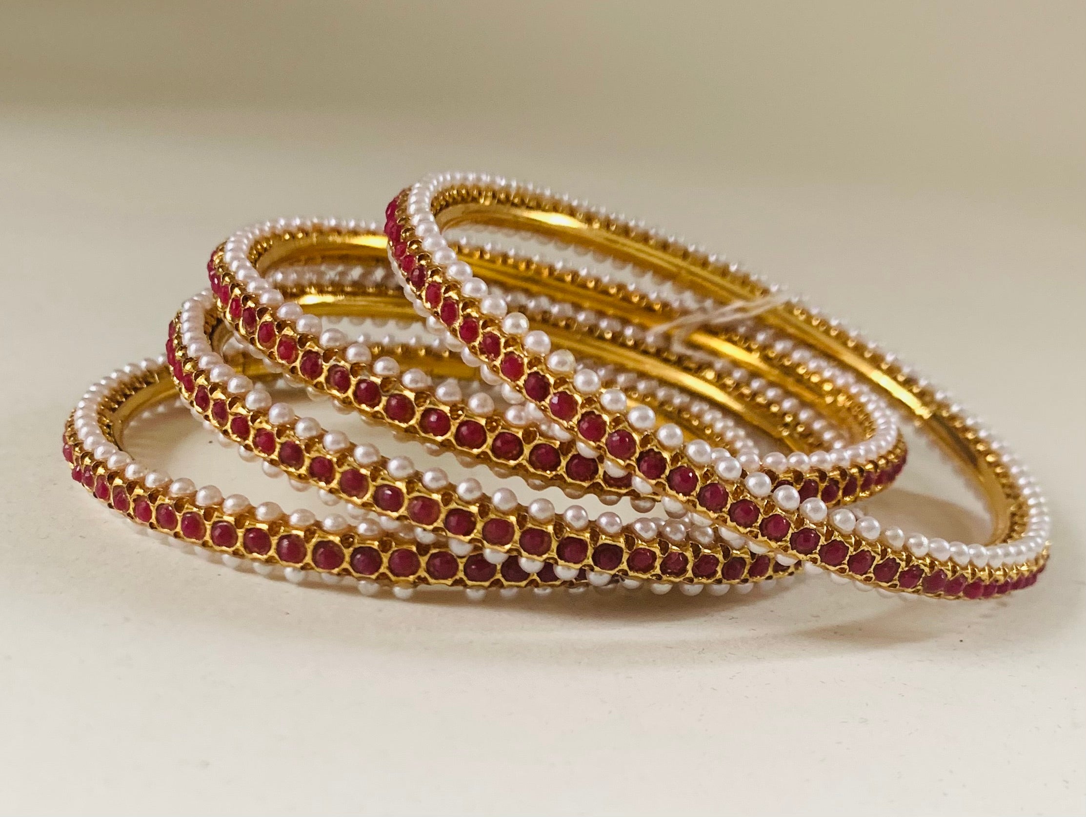 Elegant Ruby and Pearl look Bangles Set | Traditional Gold-Plated Indian Bridal Jewelry