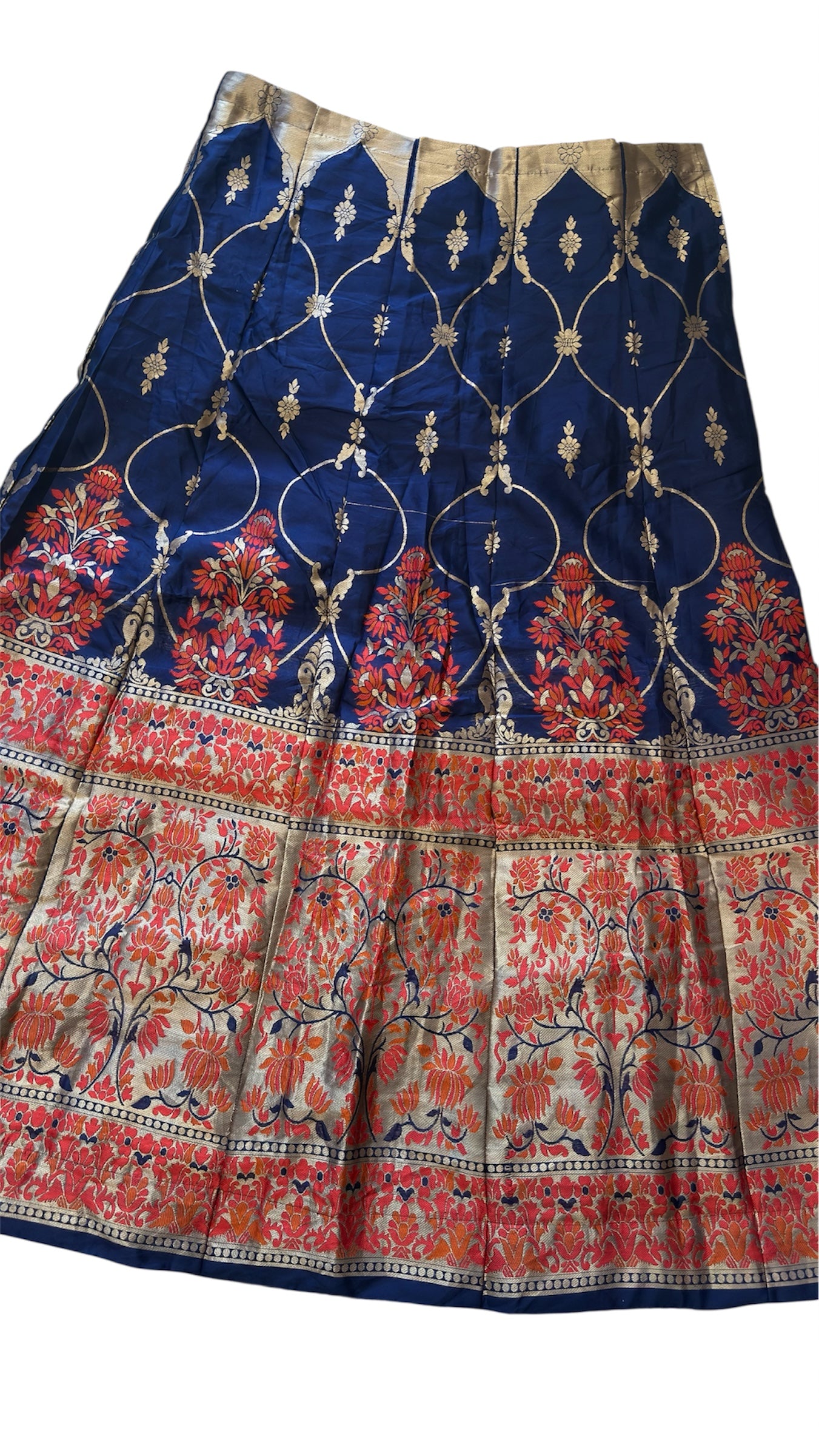 Traditional Banarasi Silk Skirt – Navy Blue with Red & Gold Floral Zari Work