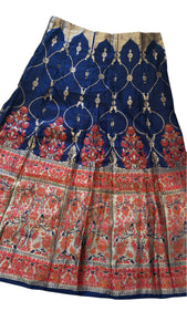 Traditional Banarasi Silk Skirt – Navy Blue with Red & Gold Floral Zari Work