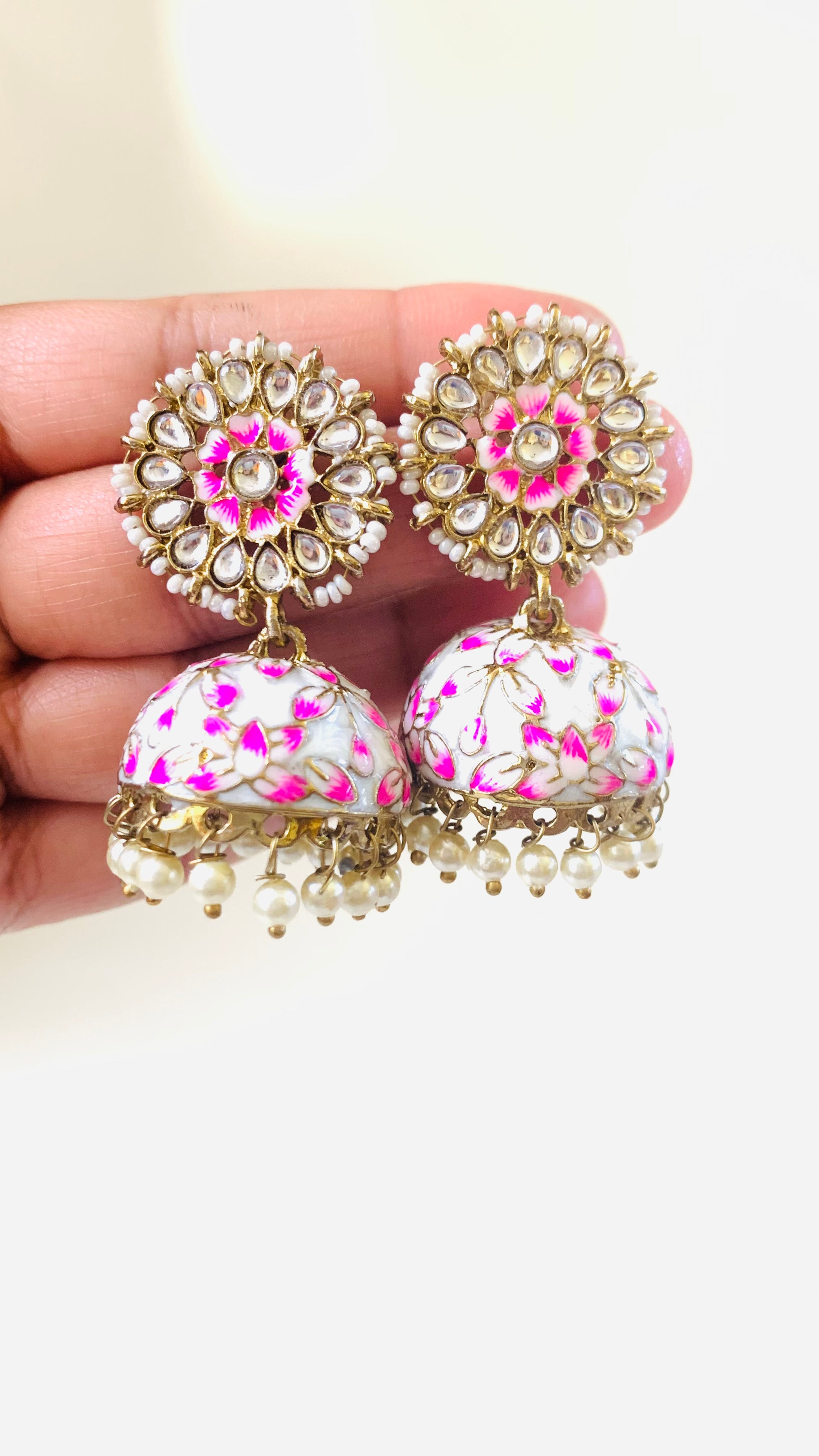 Kundan Pearl Handpainted Meenakari Jhumka Earrings | Traditional Ethnic Jewelry