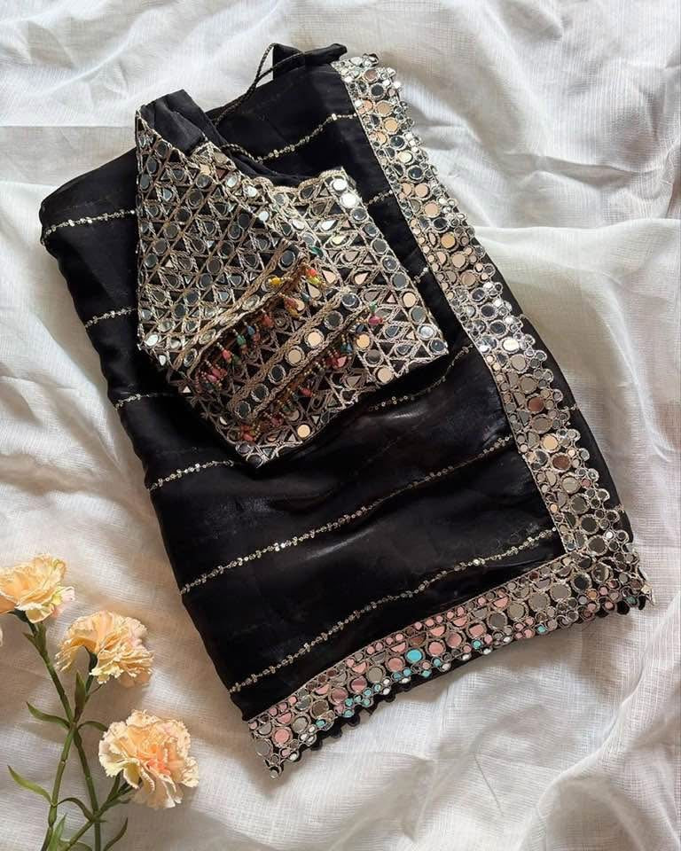 Designer  Mirror Work Saree with Heavy Embroidered Blouse | Party Wear & Wedding Saree
