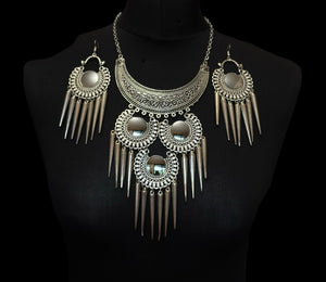 Black Metal Mirror Choker Necklace Set with Earrings – Statement Tribal Jewellery