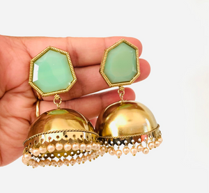 Gold Metal Dome Pastel Green Jhumka Earrings with Pearls | Traditional Ethnic Jewelry
